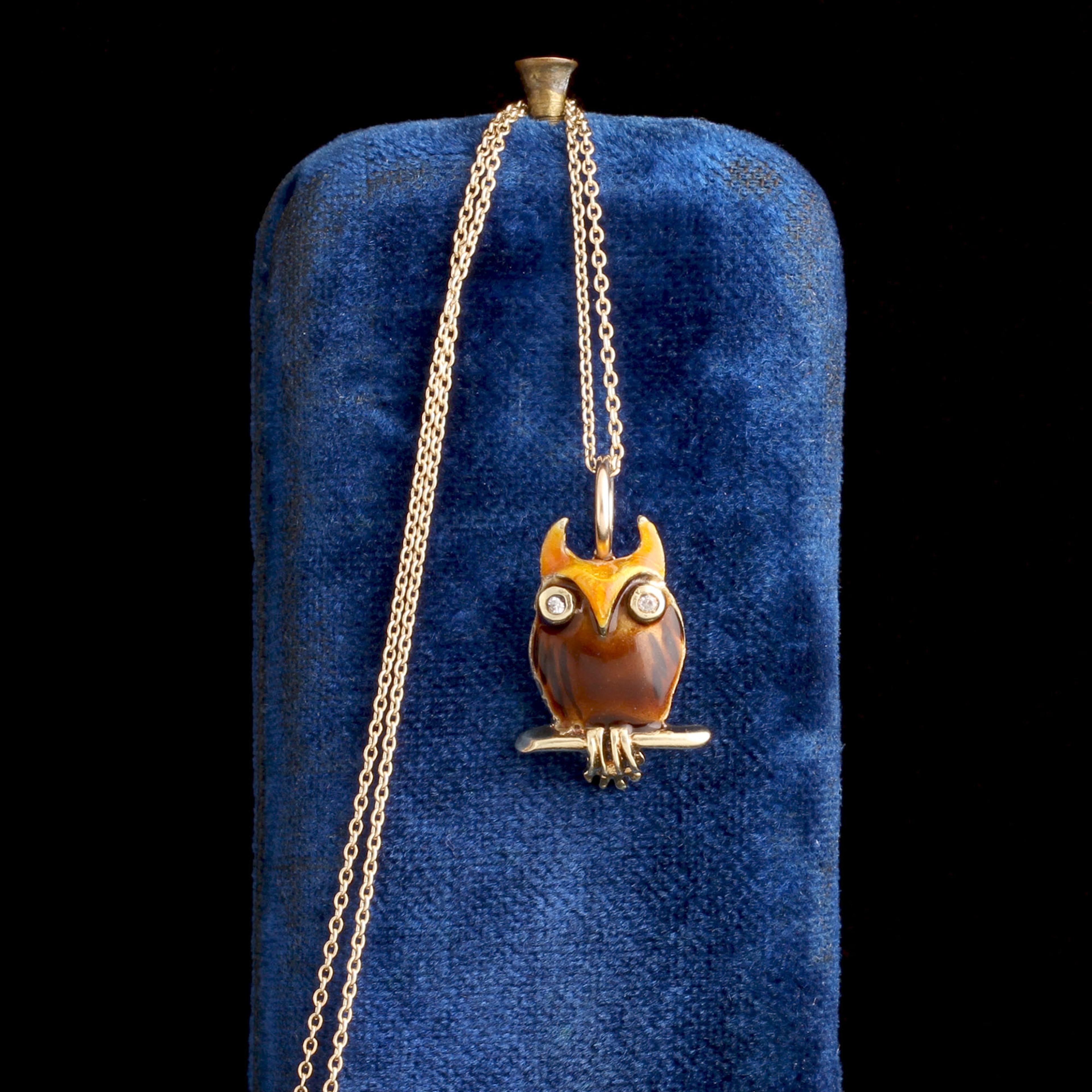 1920s Enamel & Diamond Owl Necklace