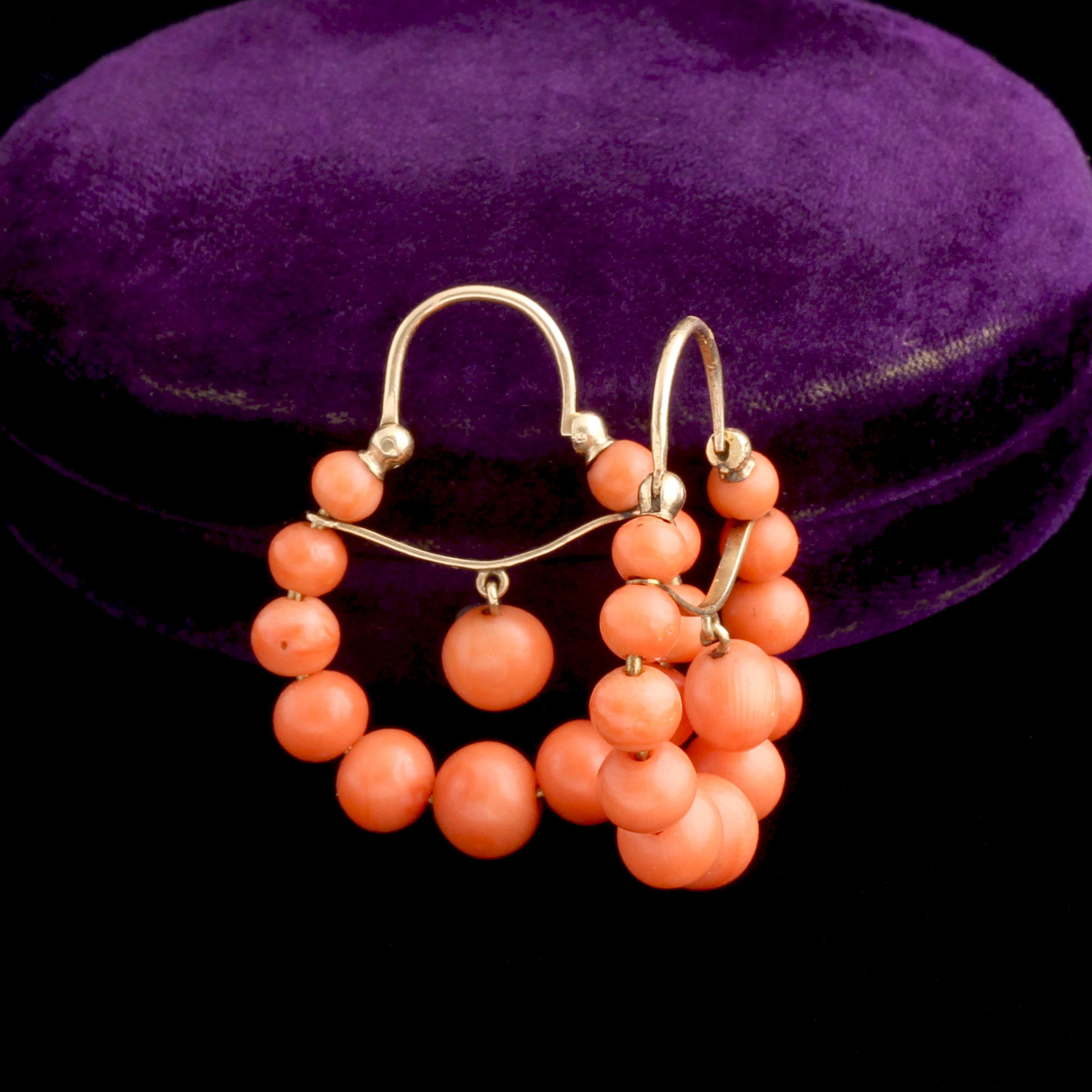 Late 19th Century Italian Coral Bead Hoop Earrings