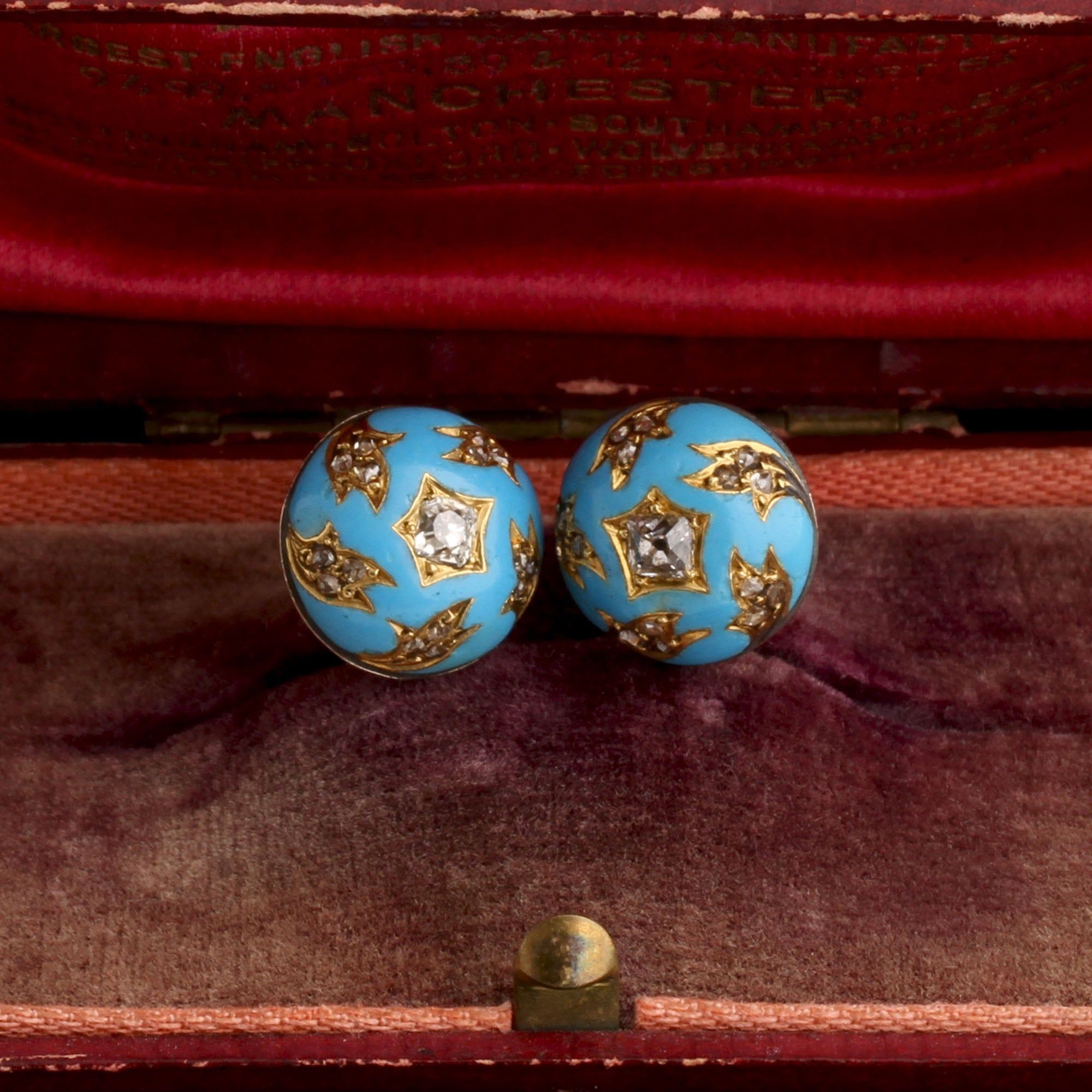Victorian Blue Enamel & Diamond Domed Stud Earrings