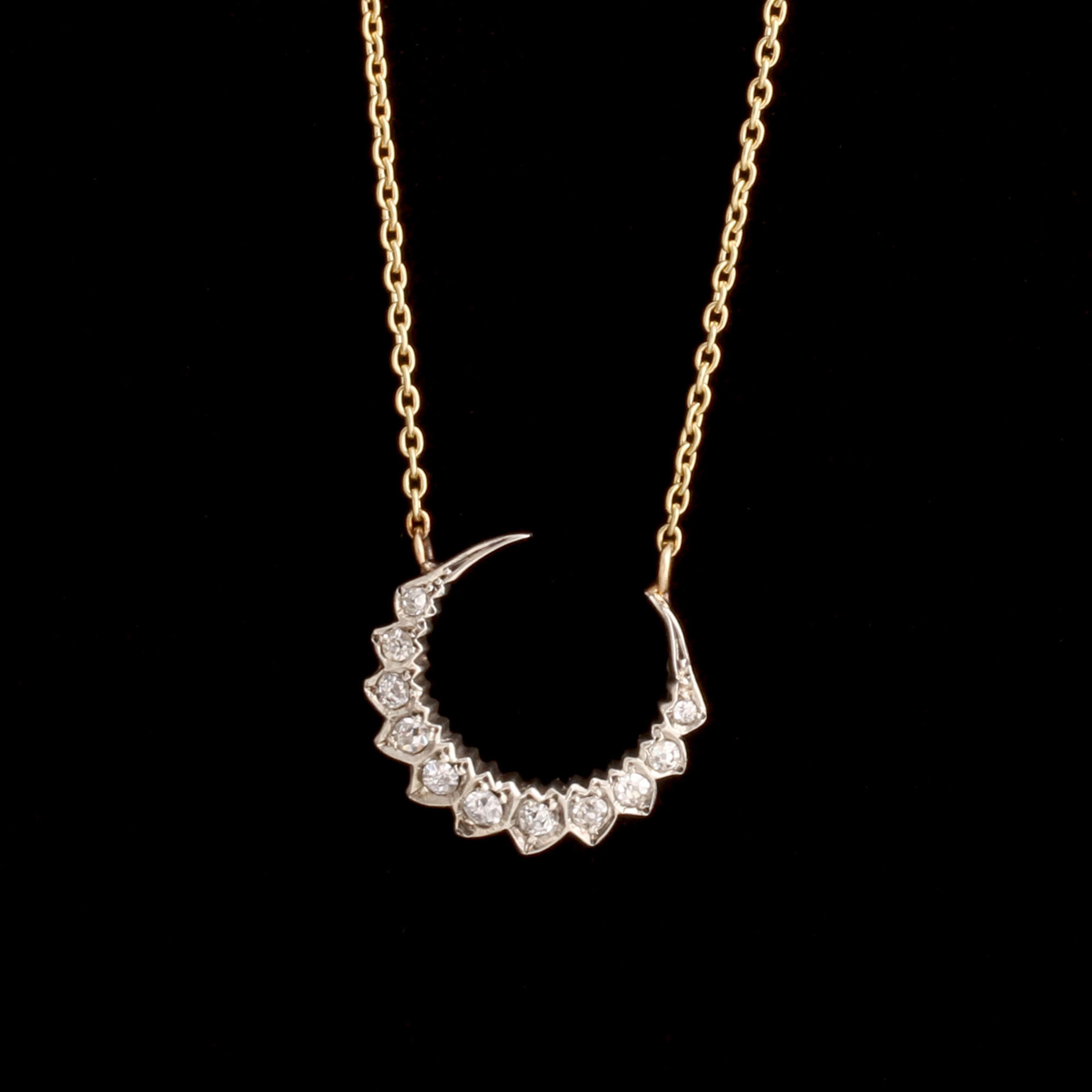 Victorian Old Cut Diamond Crescent Moon Necklace