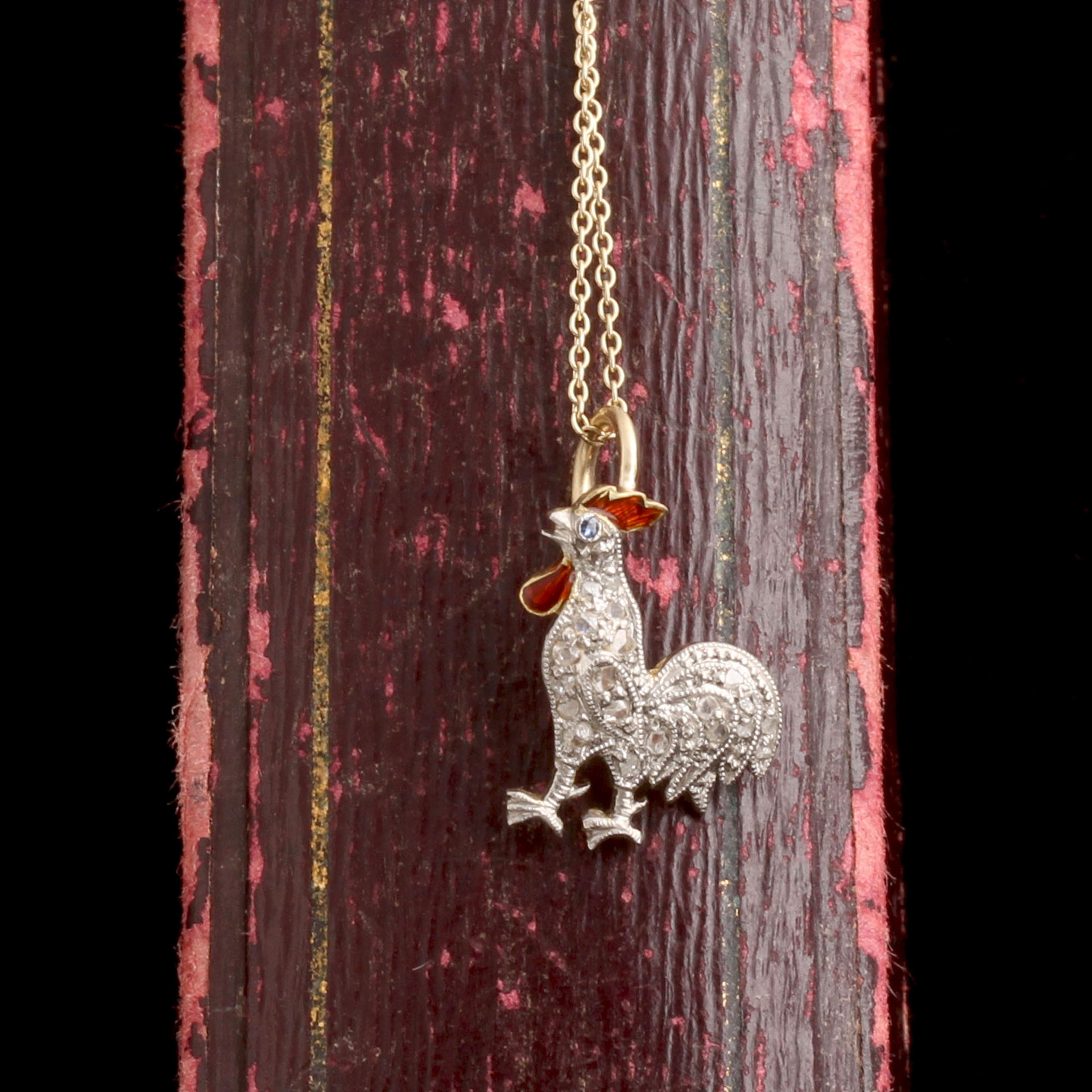 Edwardian Diamond & Enamel Rooster Necklace