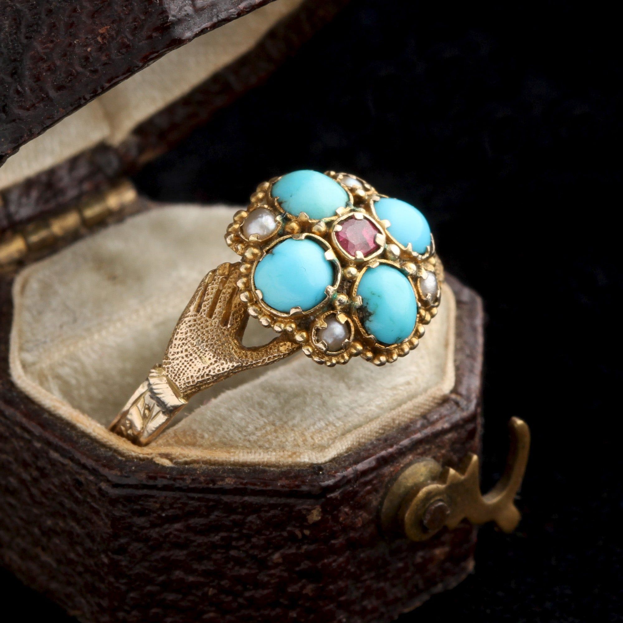 Victorian Turquoise, Pearl & Ruby Hands Ring