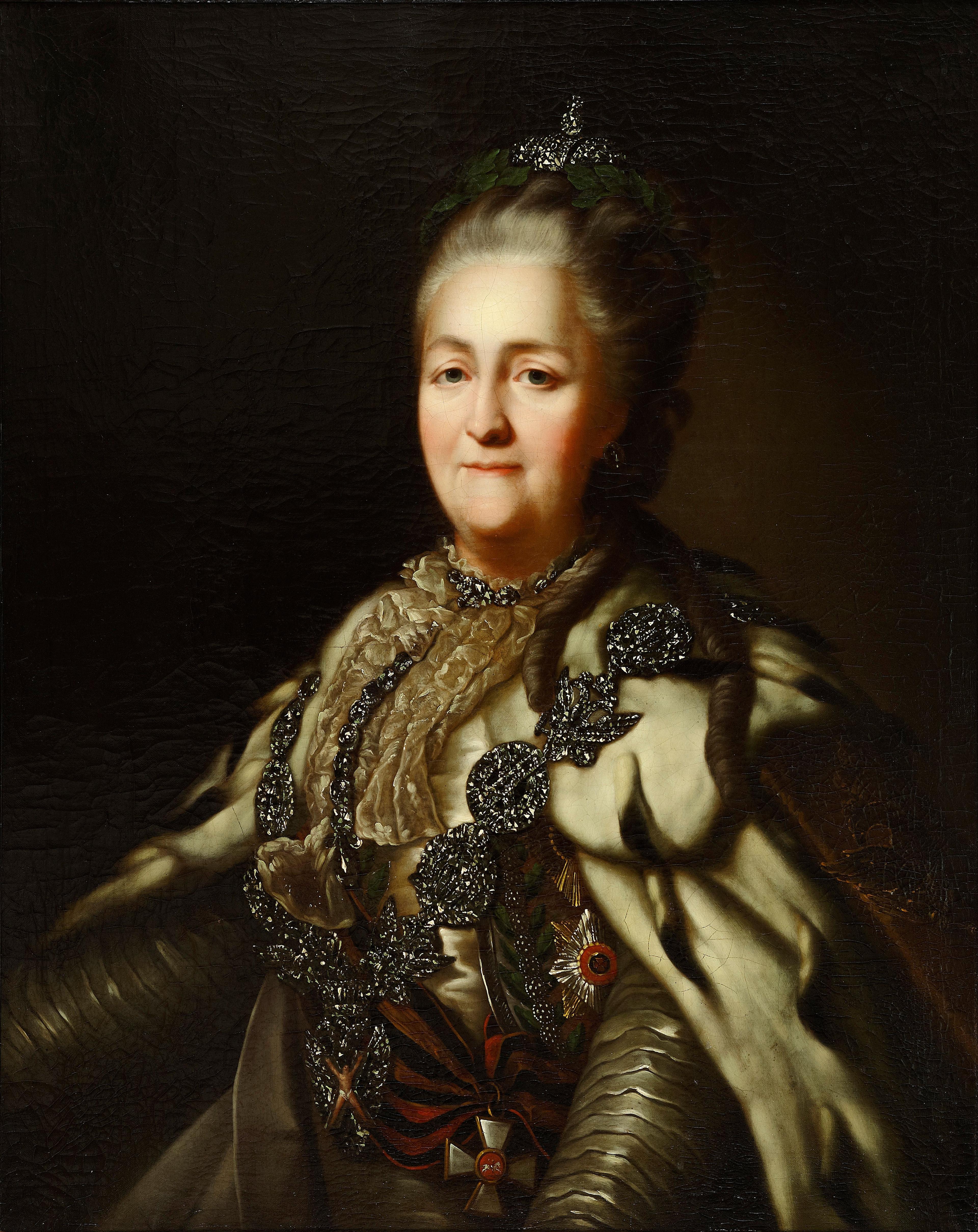 Russian Empress Catherine the Great adored cut steel jewelry. Her pieces were made by Michael Boulton. Catherine II, after 1782. Ekaterinburg Museum of Fine Arts.