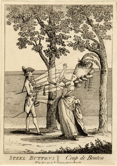 A satirical cartoon depicting a fashionable couple meeting in the park. The rays of light spread from the cut steel buttons and overwhelm the lady. The British Museum. 