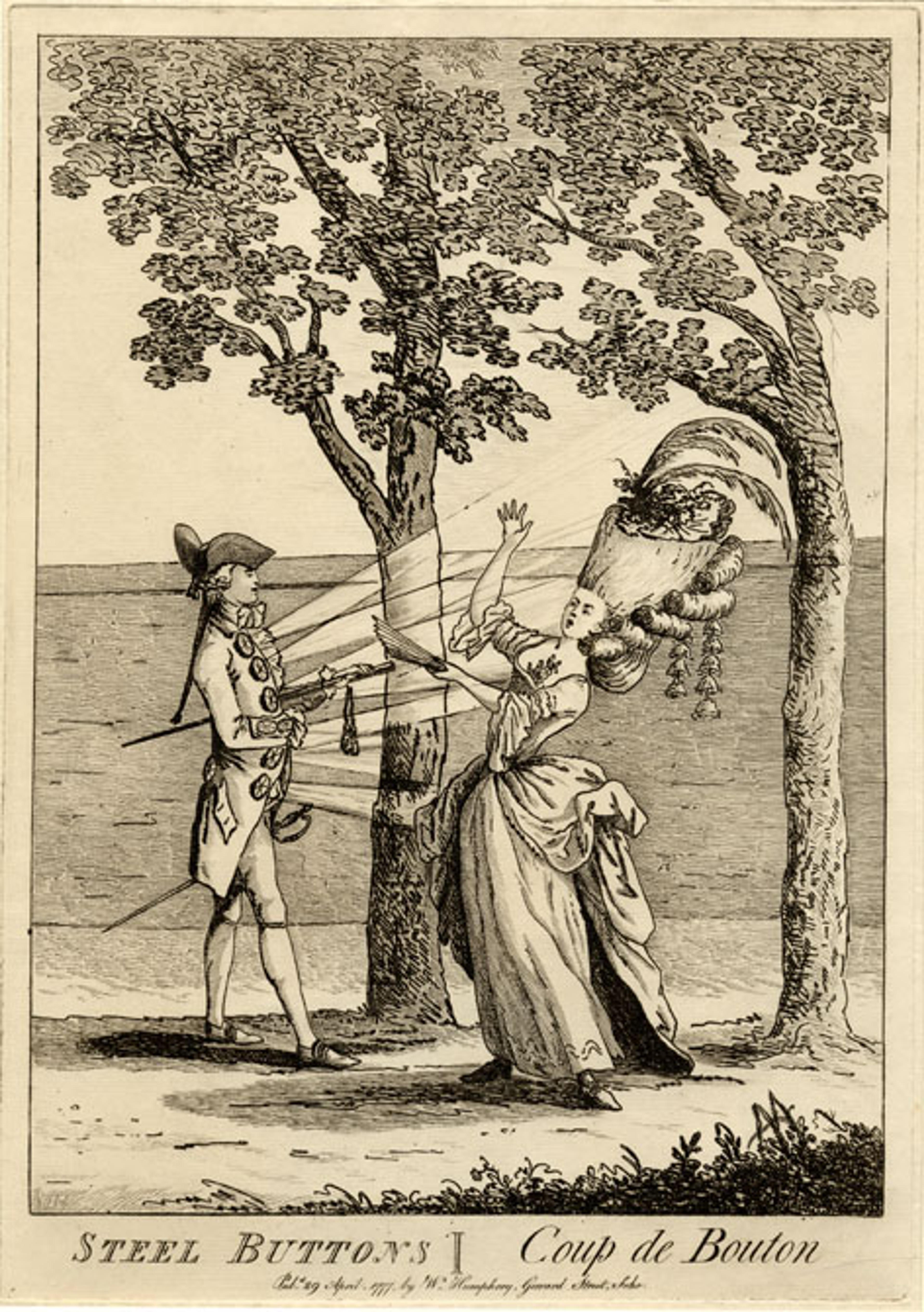 A satirical cartoon depicting a fashionable couple meeting in the park. The rays of light spread from the cut steel buttons and overwhelm the lady. The British Museum.