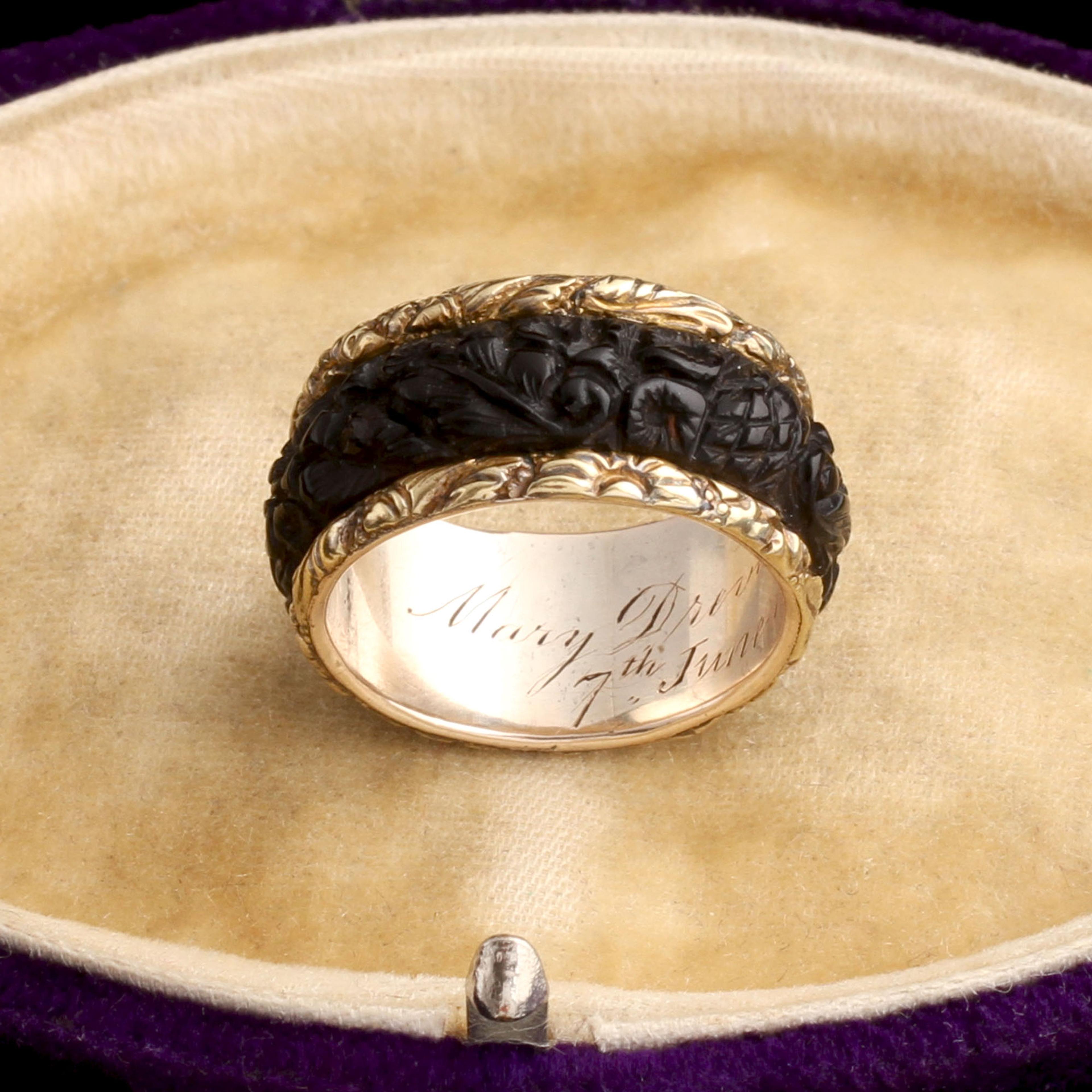 Early Victorian Carved Bog Oak Mourning Ring