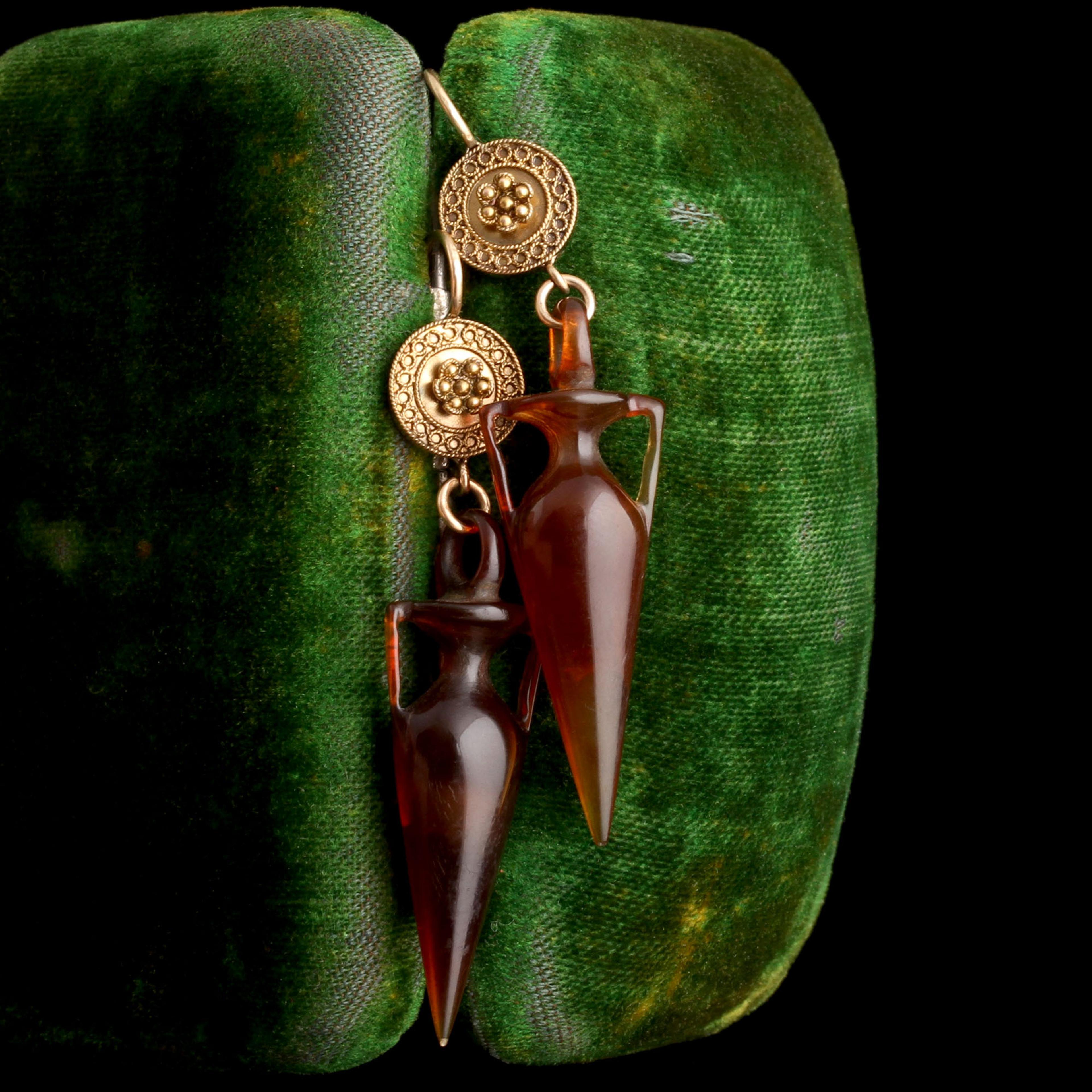 Detail of Etruscan Revival Tortoiseshell Amphorae Earrings