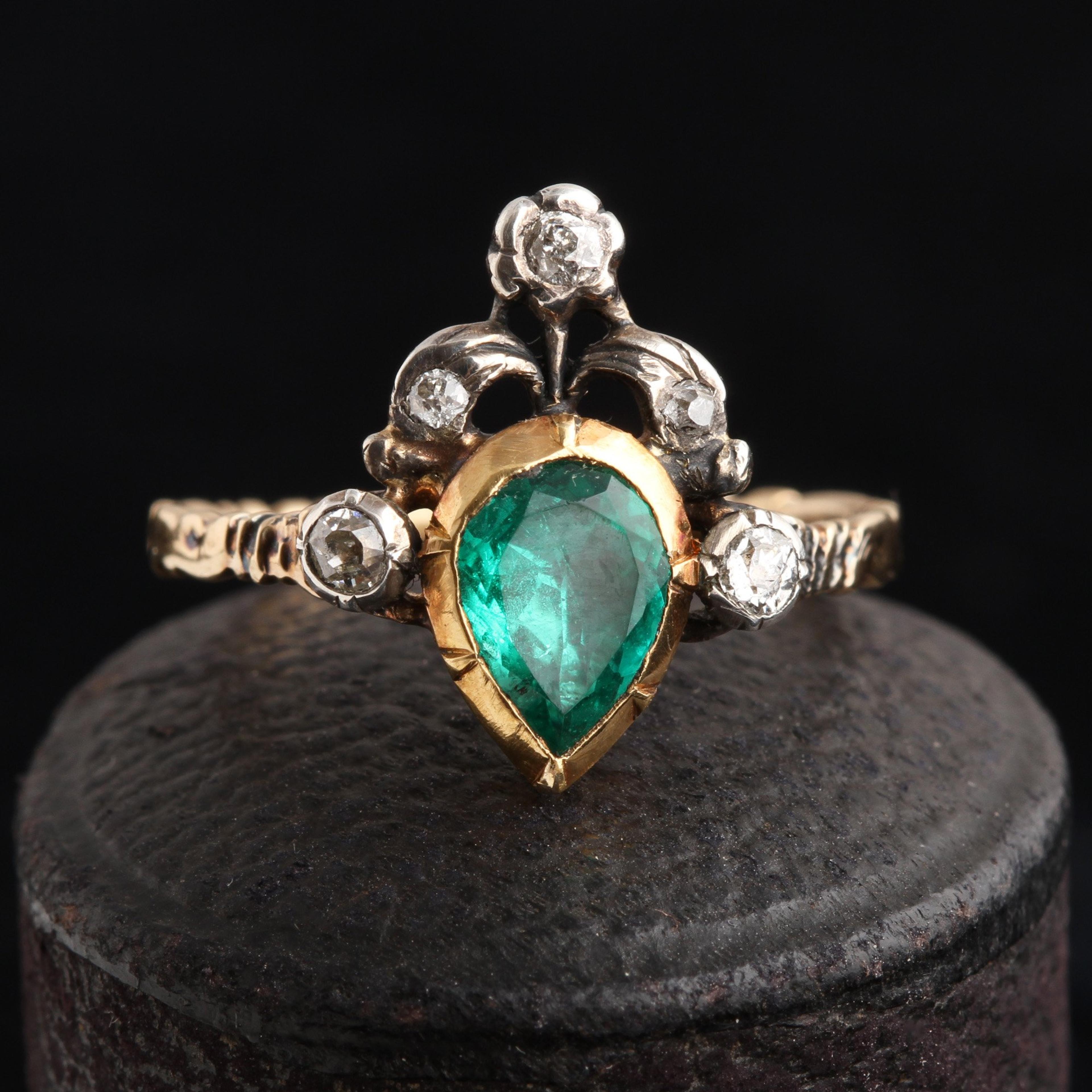 Detail of Georgian Emerald & Diamond Crowned Heart Ring