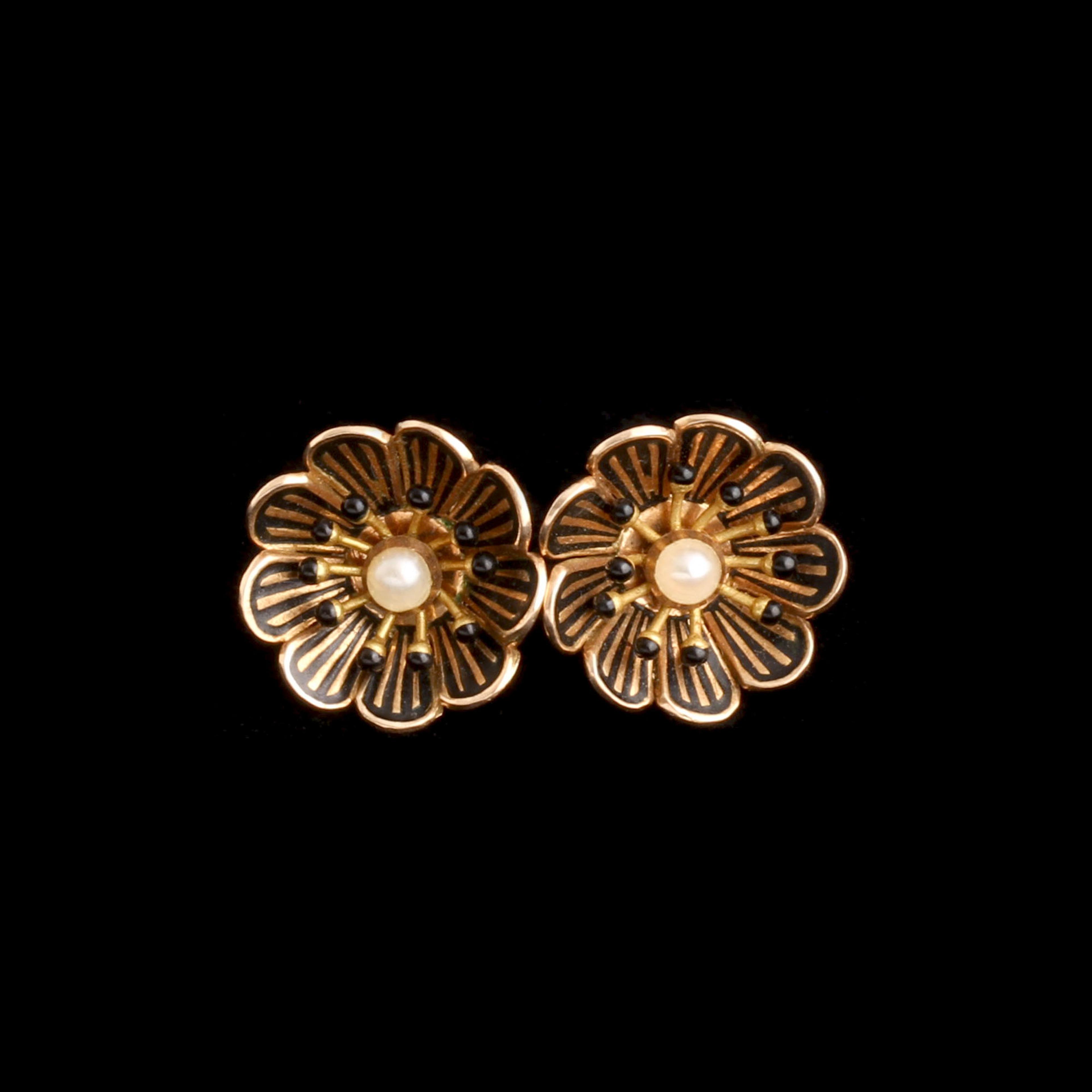 Victorian Enamel & Pearl Flower Stud Earrings
