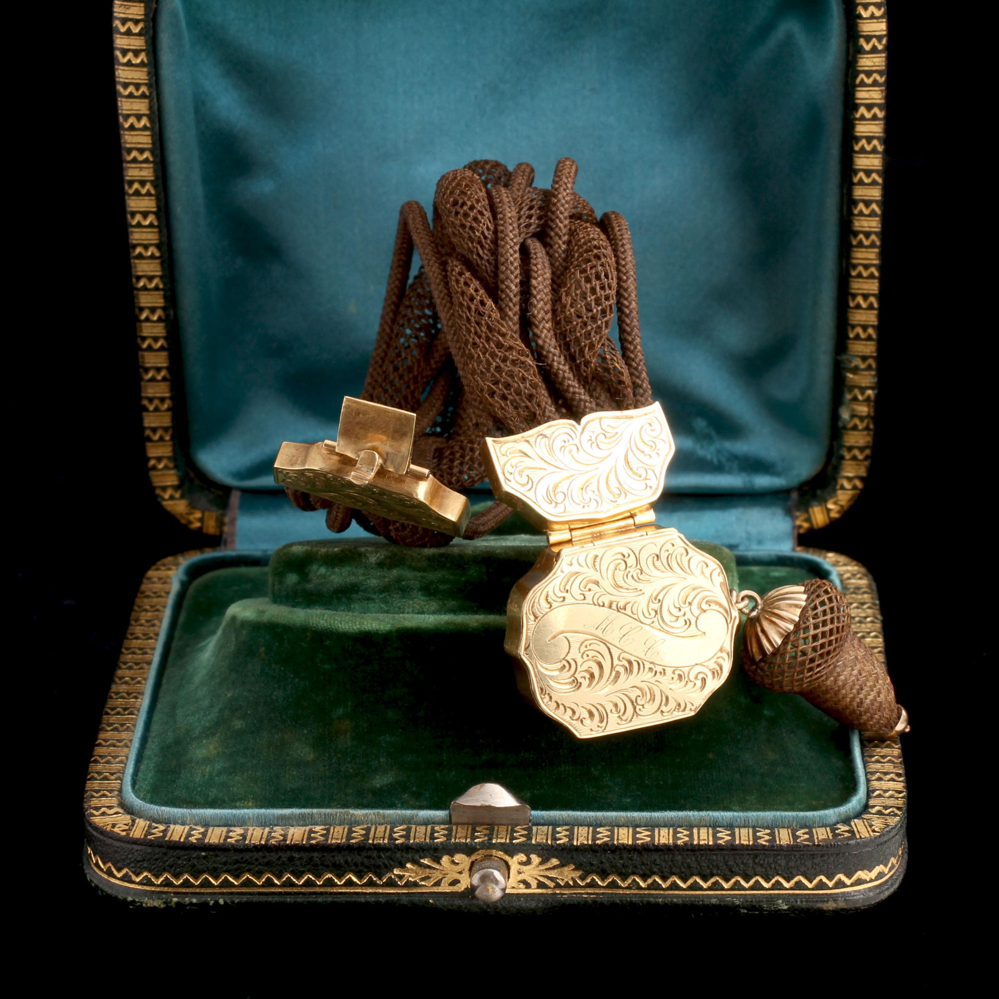 Victorian "M.C.C" & Acorn Hairwork Locket Bracelet