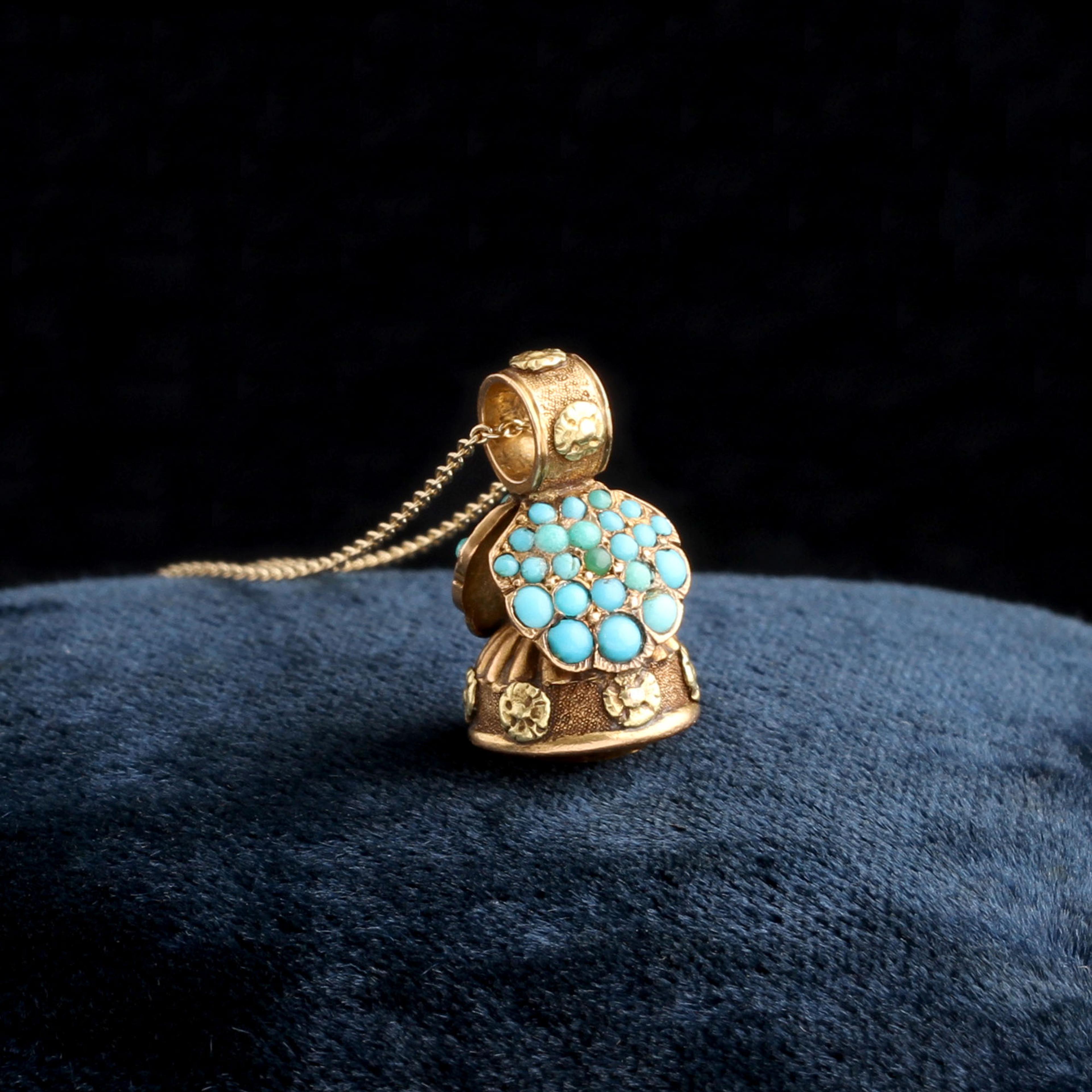 Georgian Tricolor Gold & Turquoise Shell Fob Necklace