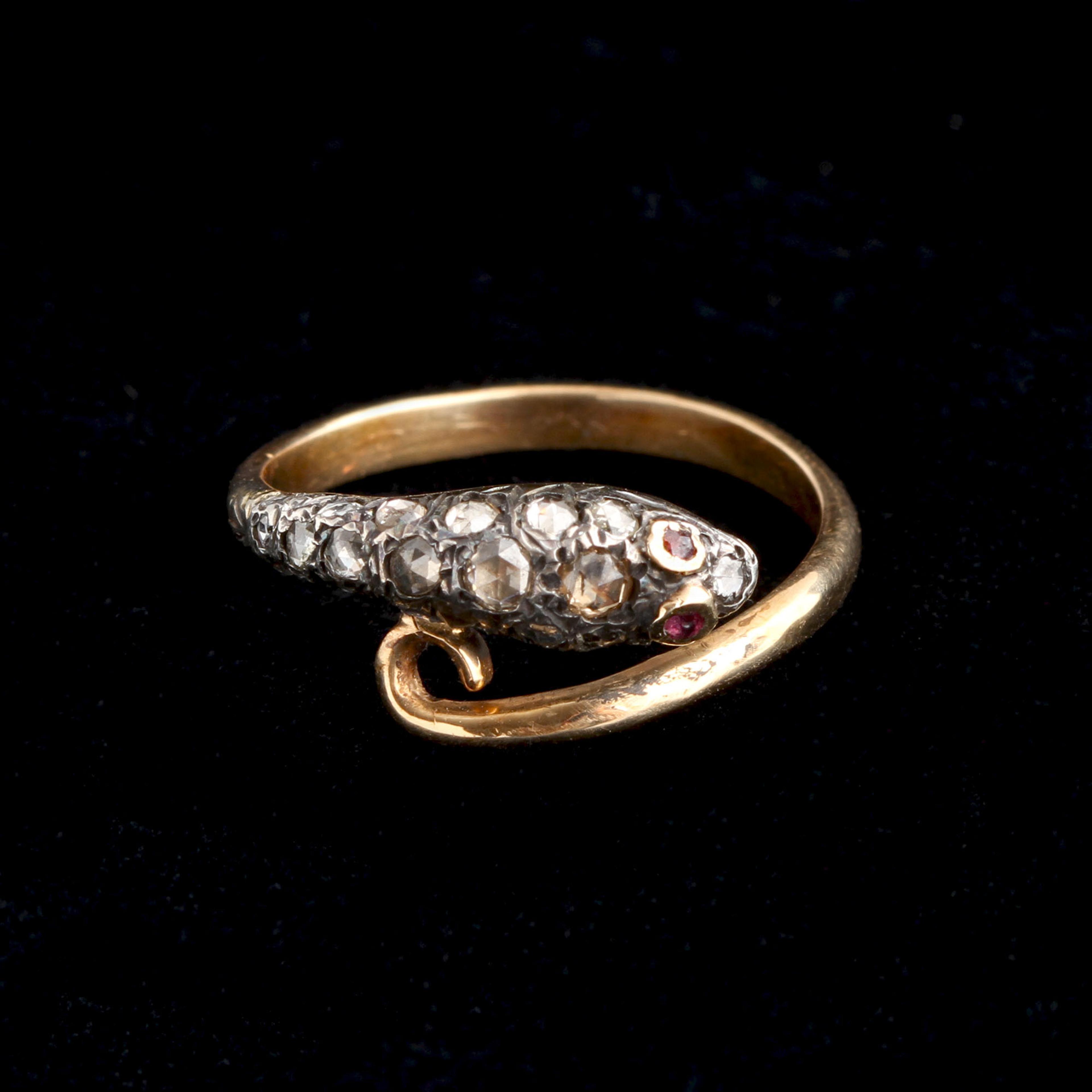 Georgian Ruby-Eyed Diamond Snake Ring