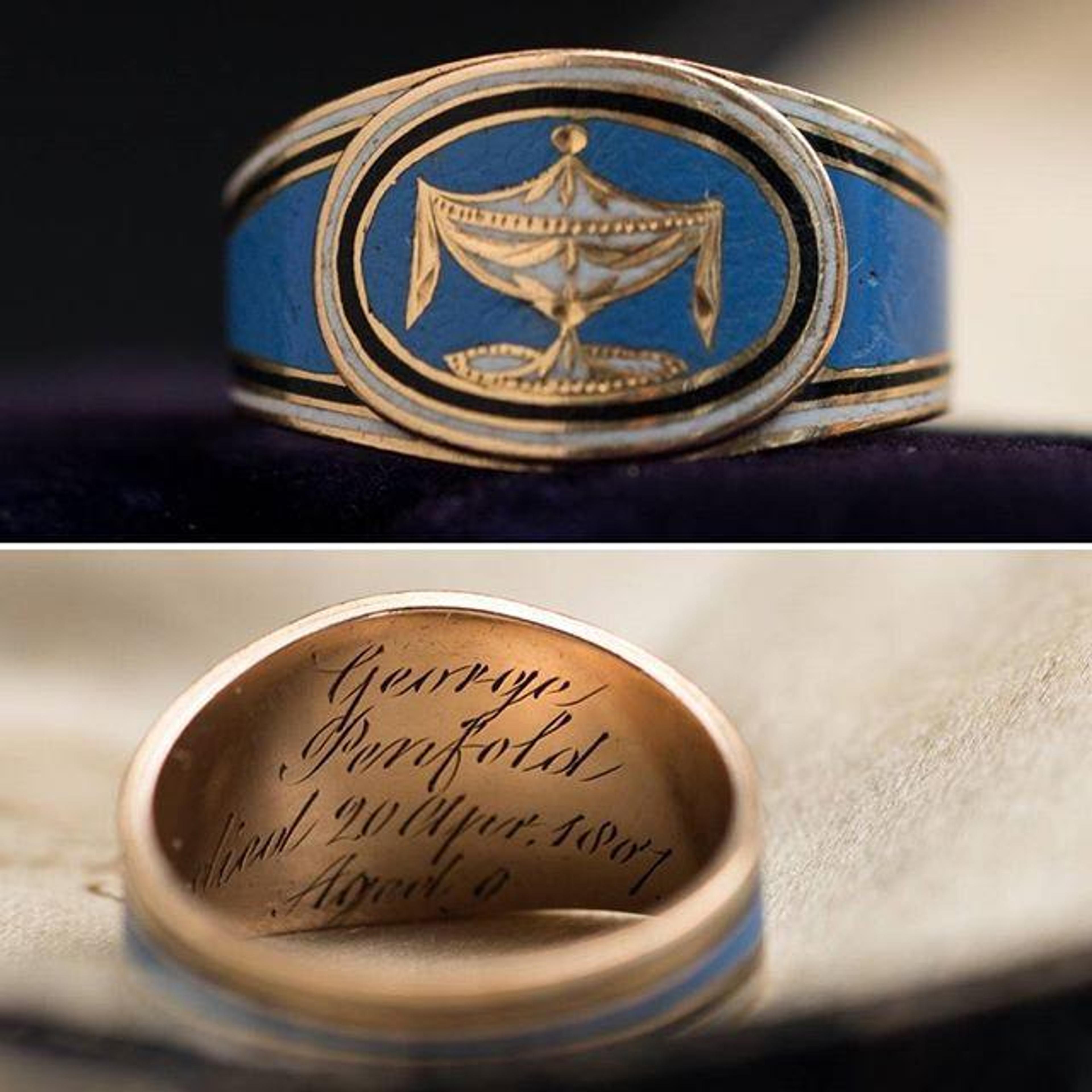 Face and inscription detail of Georgian Blue Enamel Mourning Ring for George Penfold