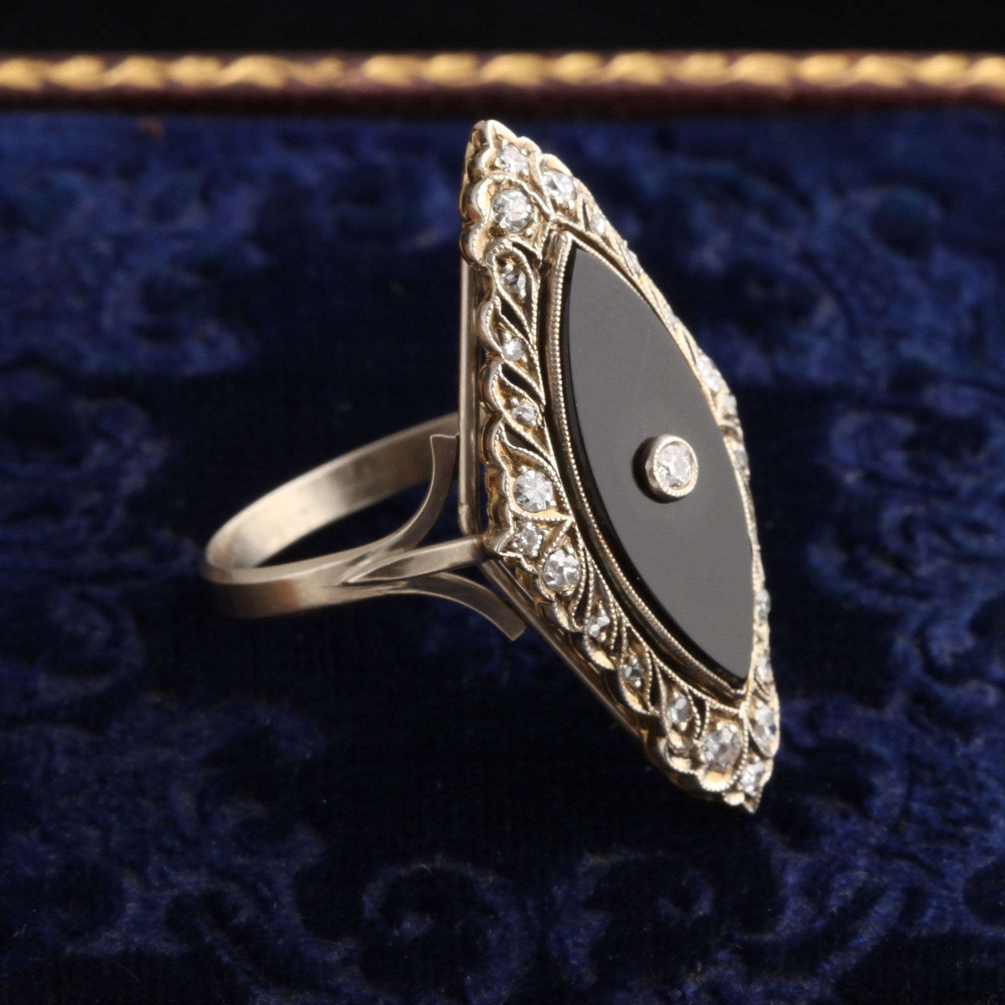 Art Deco Onyx & Diamond Navette Ring