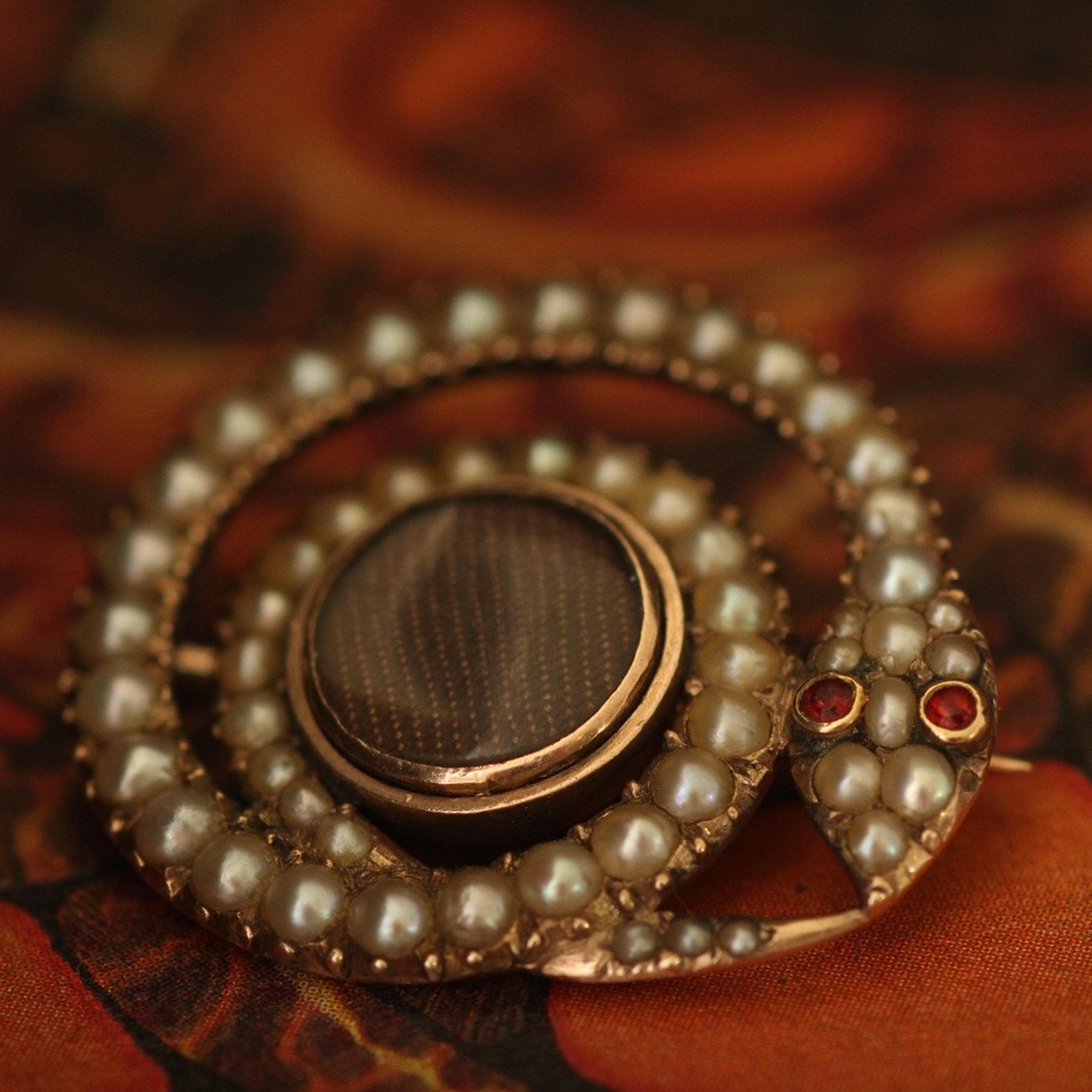 Detail of Georgian Coiled Snake Mourning Brooch with Pearls and Rubies