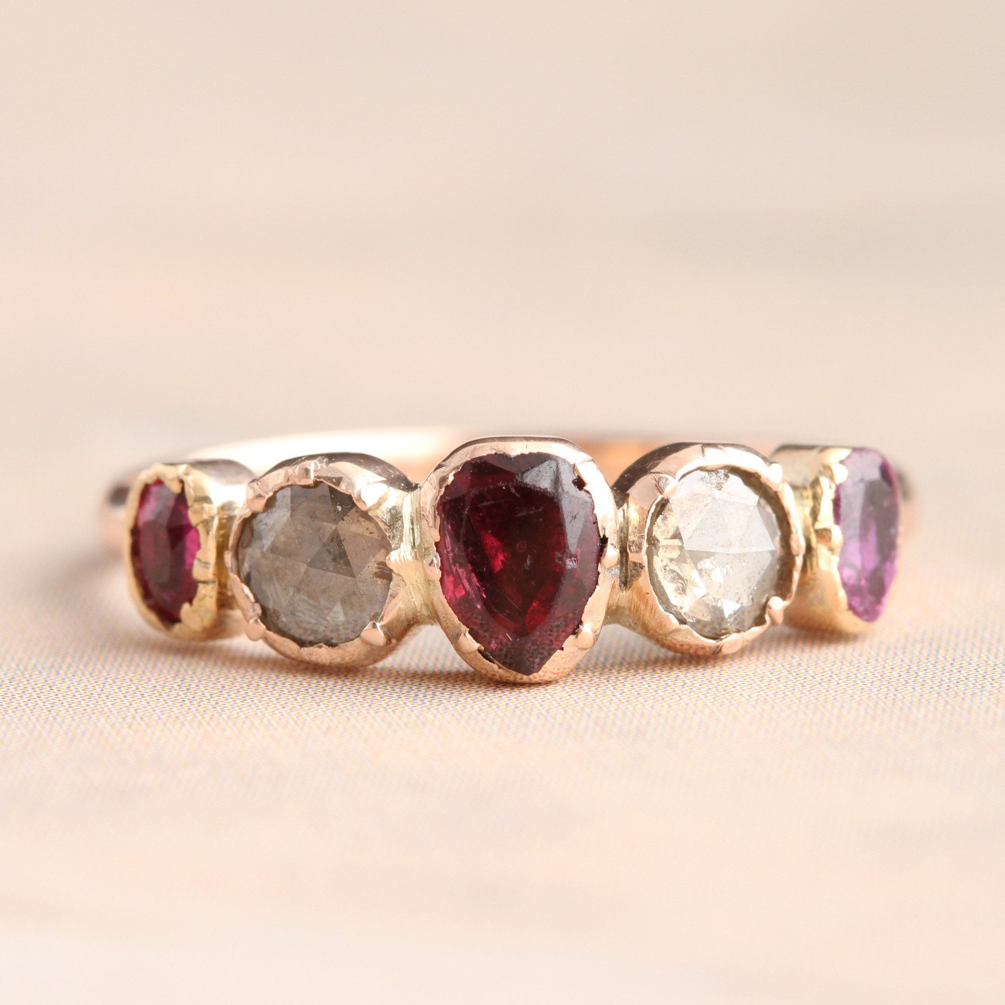 Georgian Five Stone Ring with Amethyst, Garnet and Ruby Hearts and Rose Cut Diamonds