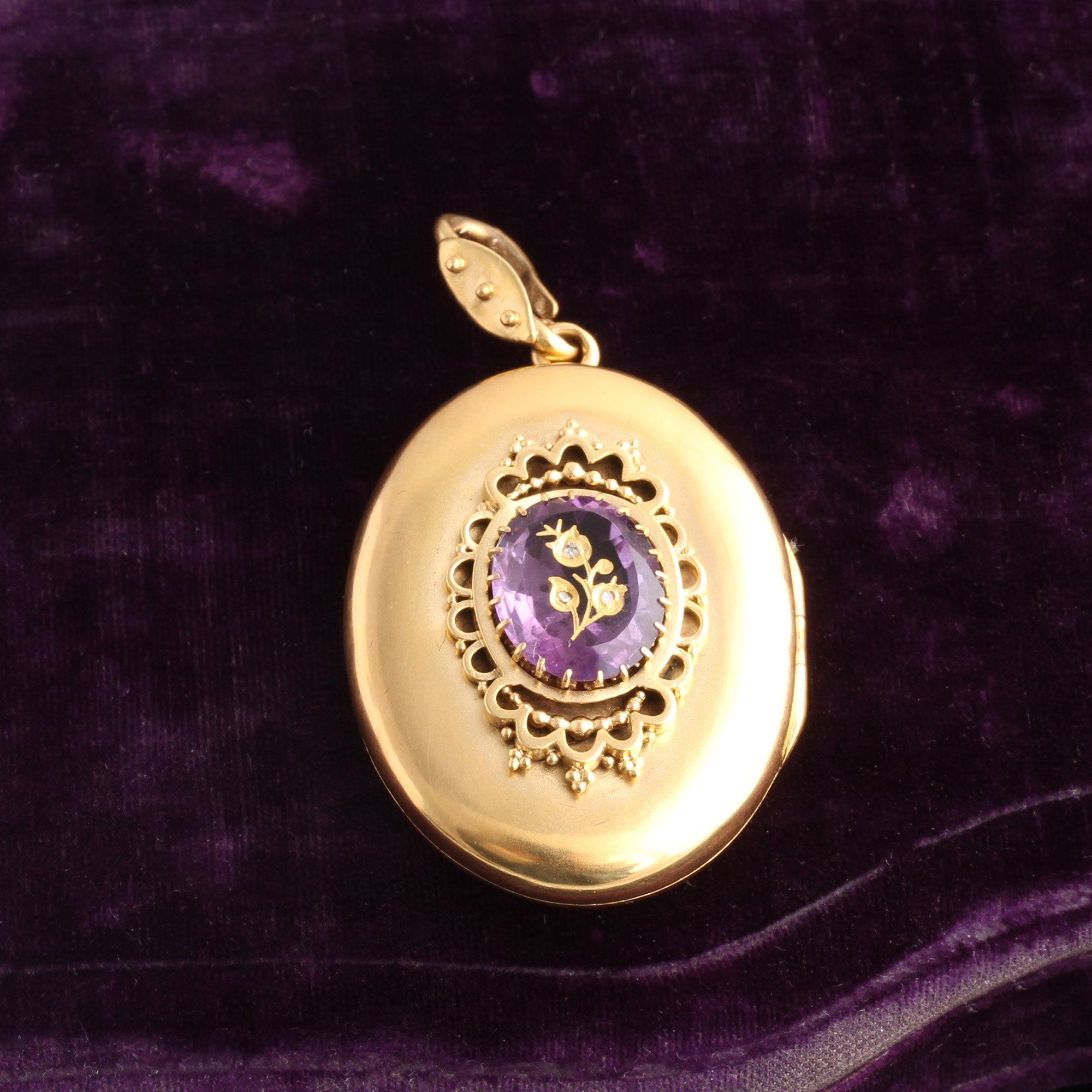 Victorian Amethyst with Flower Inlay Gold Locket