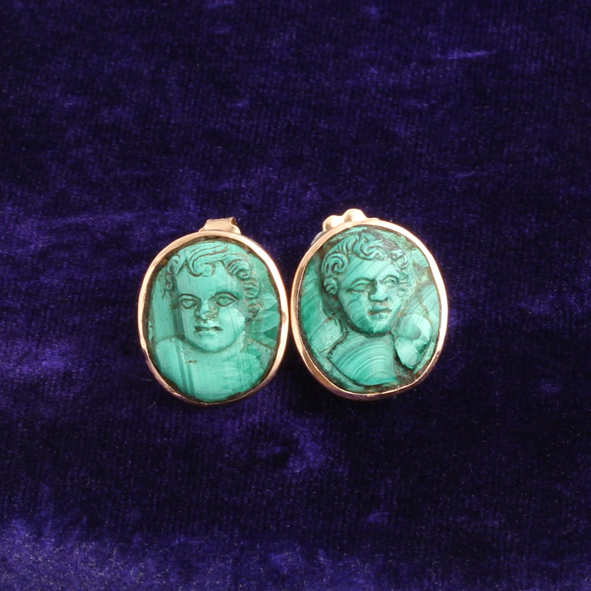 Victorian Malachite Cameo Putti Earrings