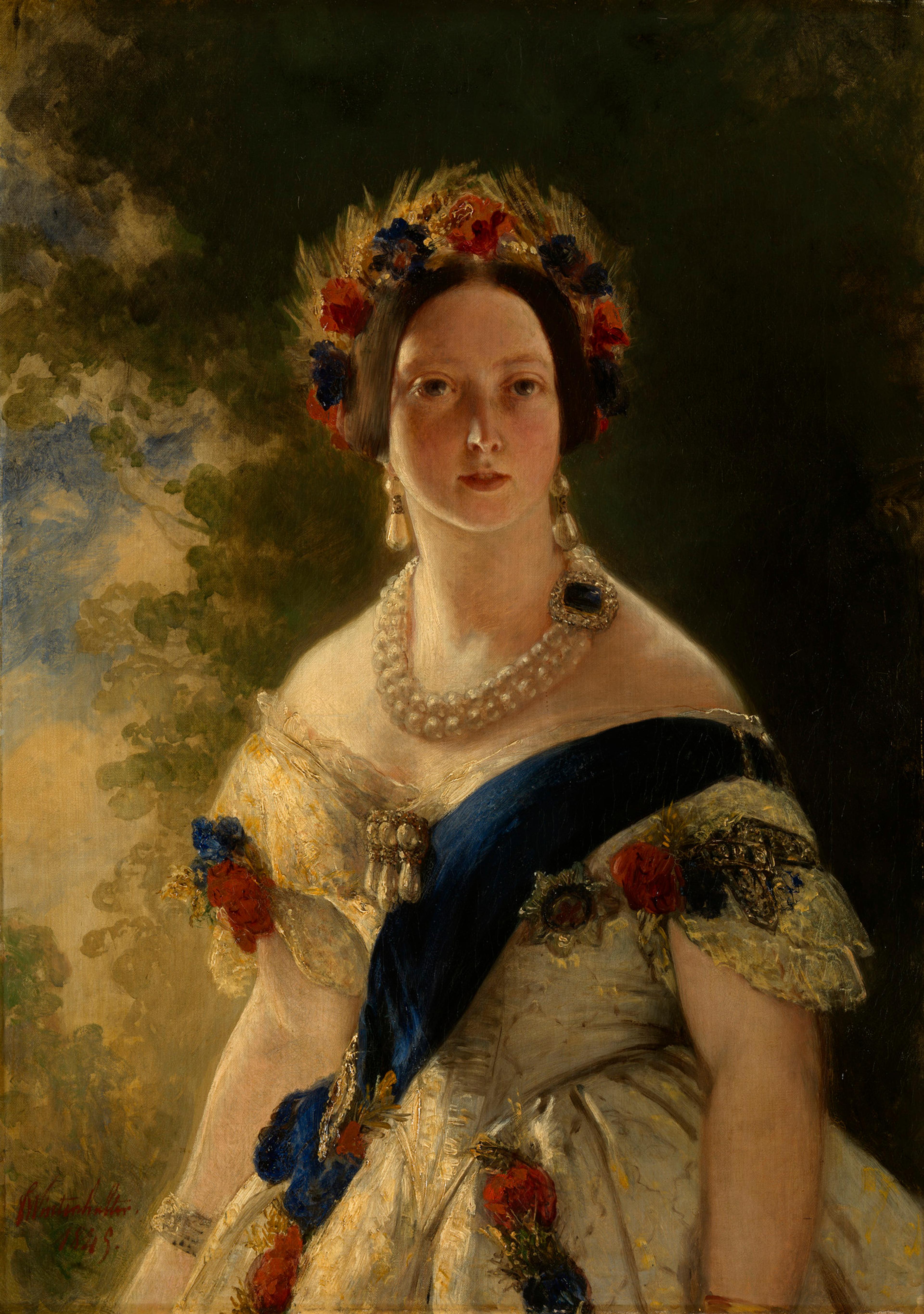 The sapphire claps on the double strand pearl necklace looks to be the same diamond and sapphire brooch given to her on her wedding day by Prince Albert. Queen Victoriam 1845 by Franz Xaver Winterhalter