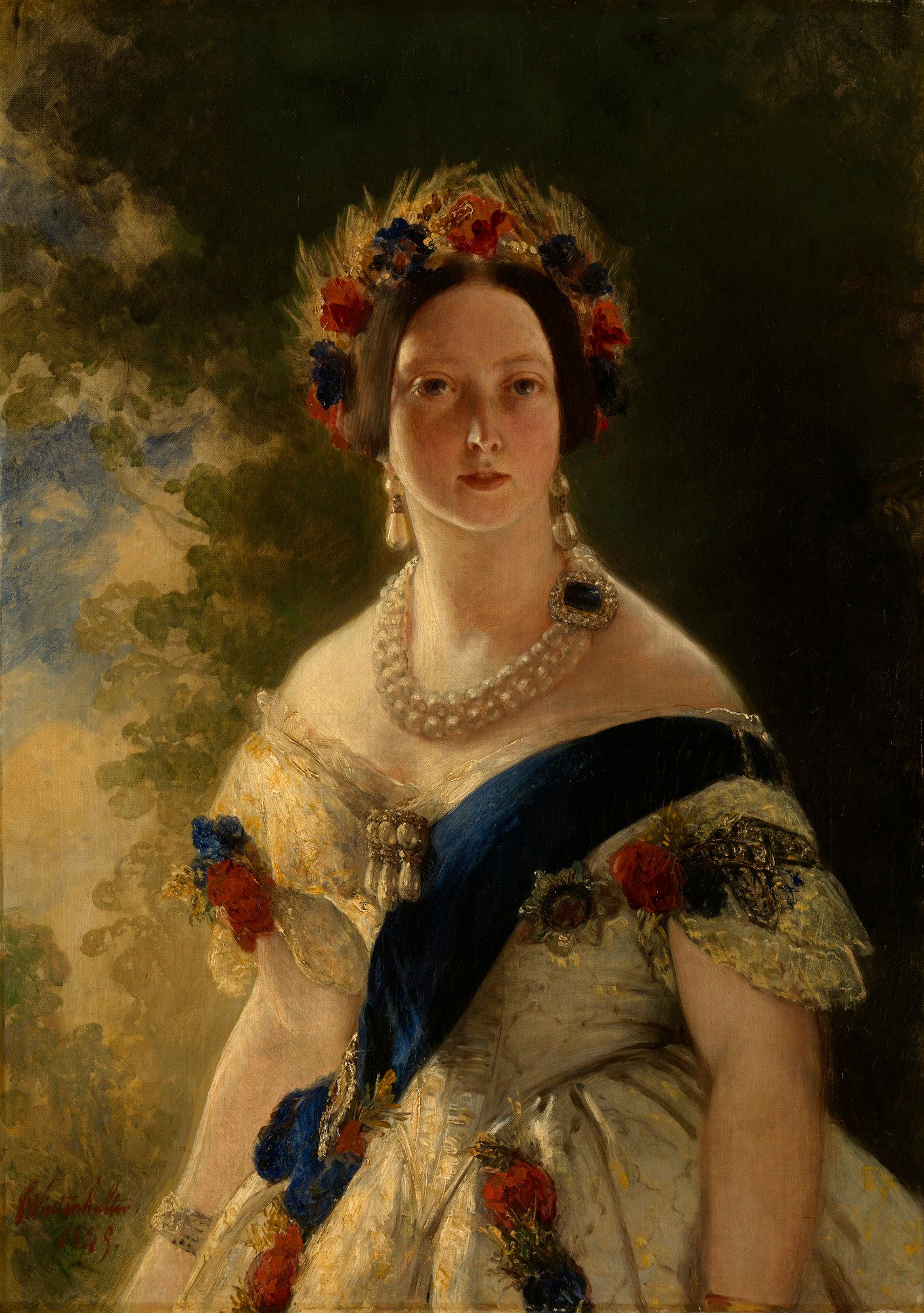 The sapphire claps on the double strand pearl necklace looks to be the same diamond and sapphire brooch given to her on her wedding day by Prince Albert. Queen Victoriam 1845 by Franz Xaver Winterhalter