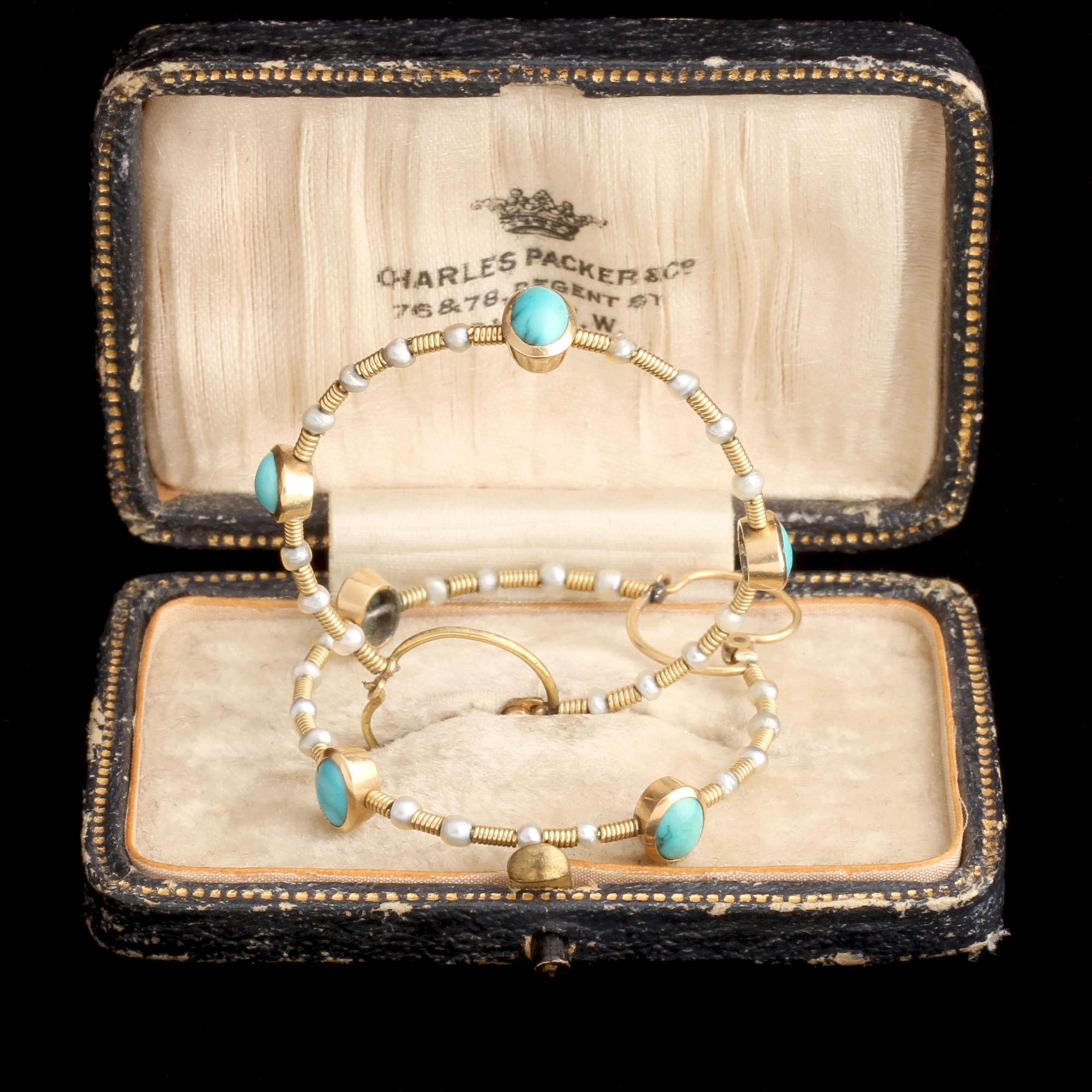 Early Victorian Turquoise & Seed Pearl Twisted Wire Hoops
