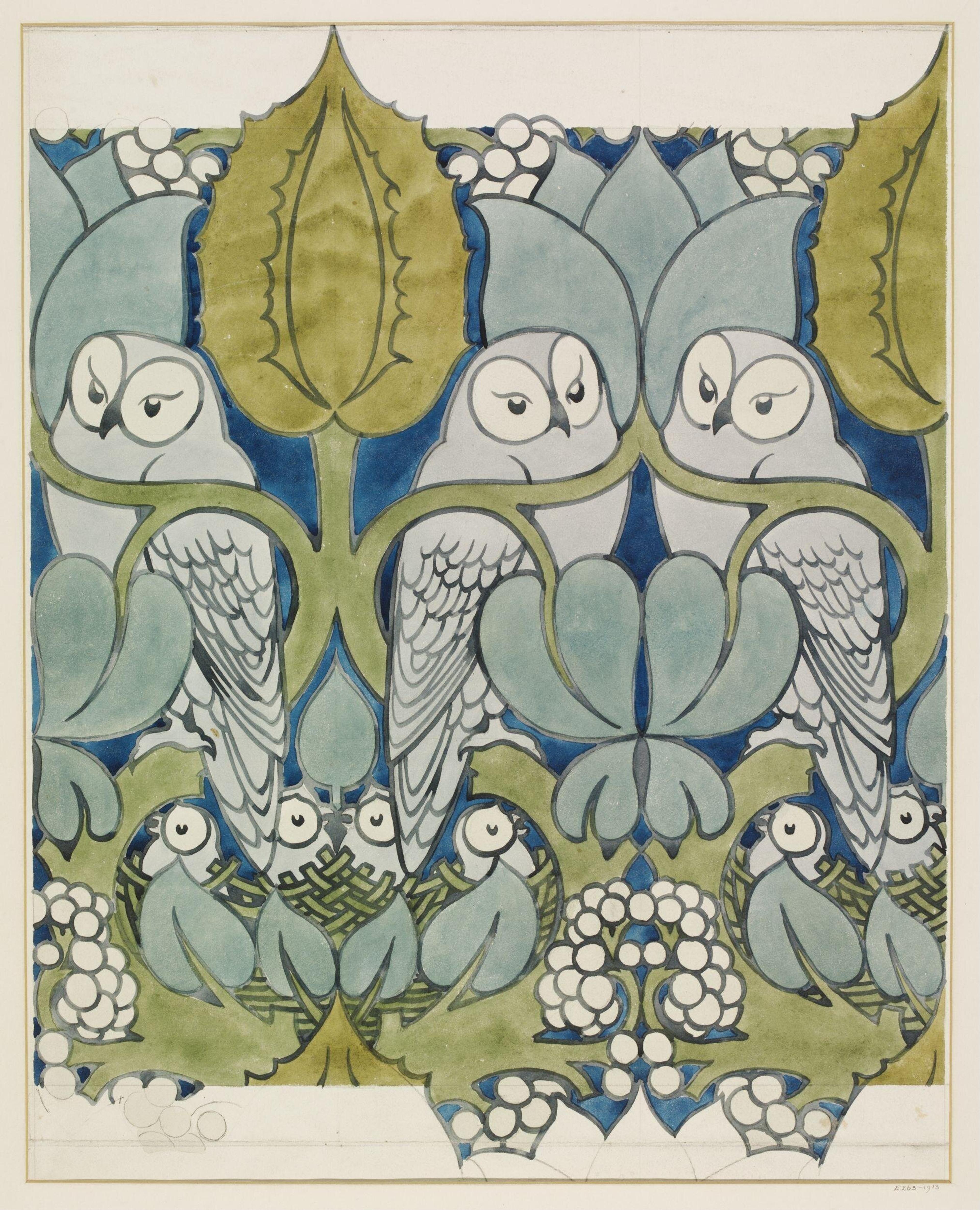 Design for 'The Owl' wallpaper and textile pattern by C.F.A. Voysey, 1897. The Victoria and Albert Museum.