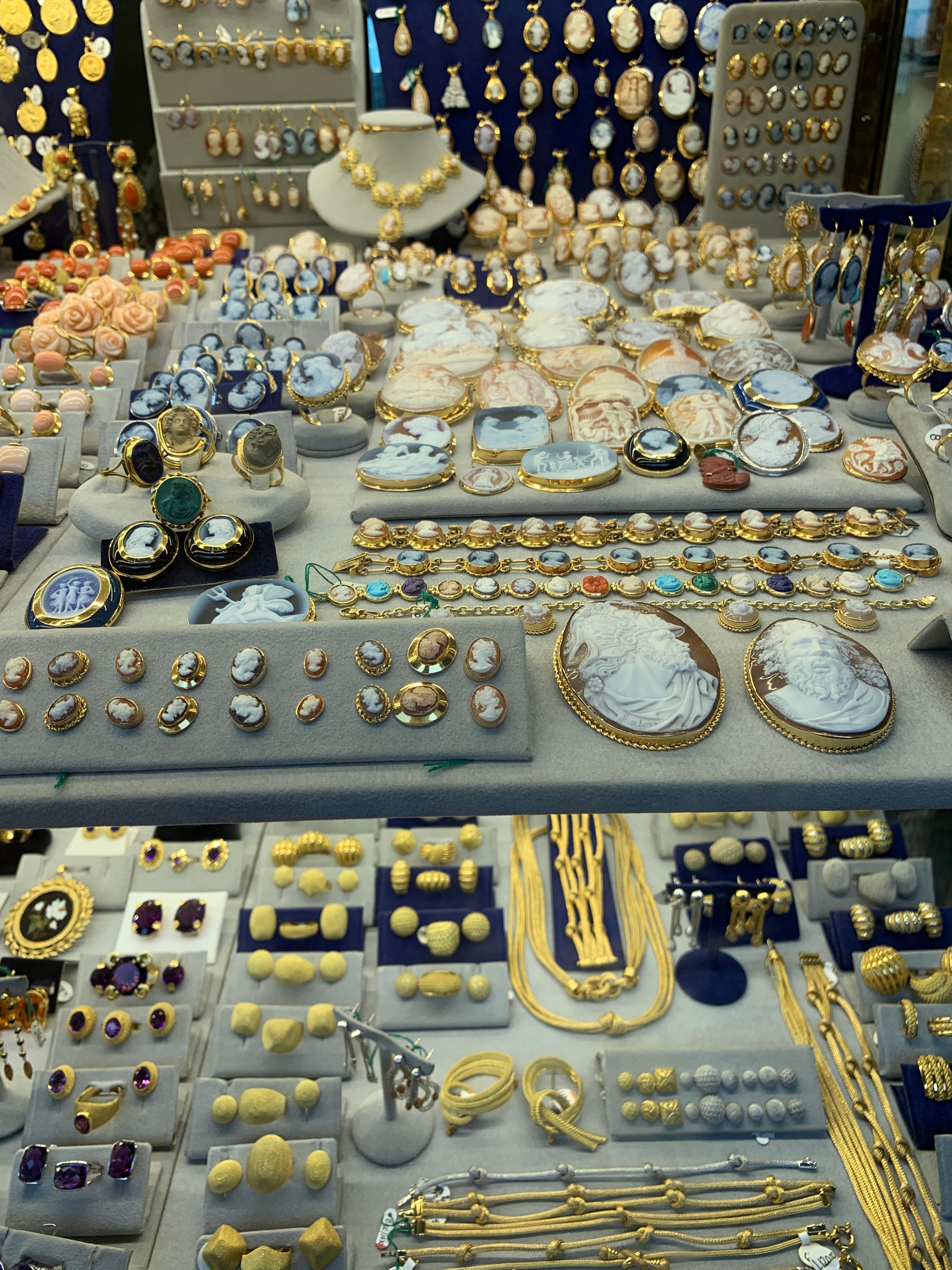 A jeweler's shop window on the Ponte Vecchio, including coral jewelry. 