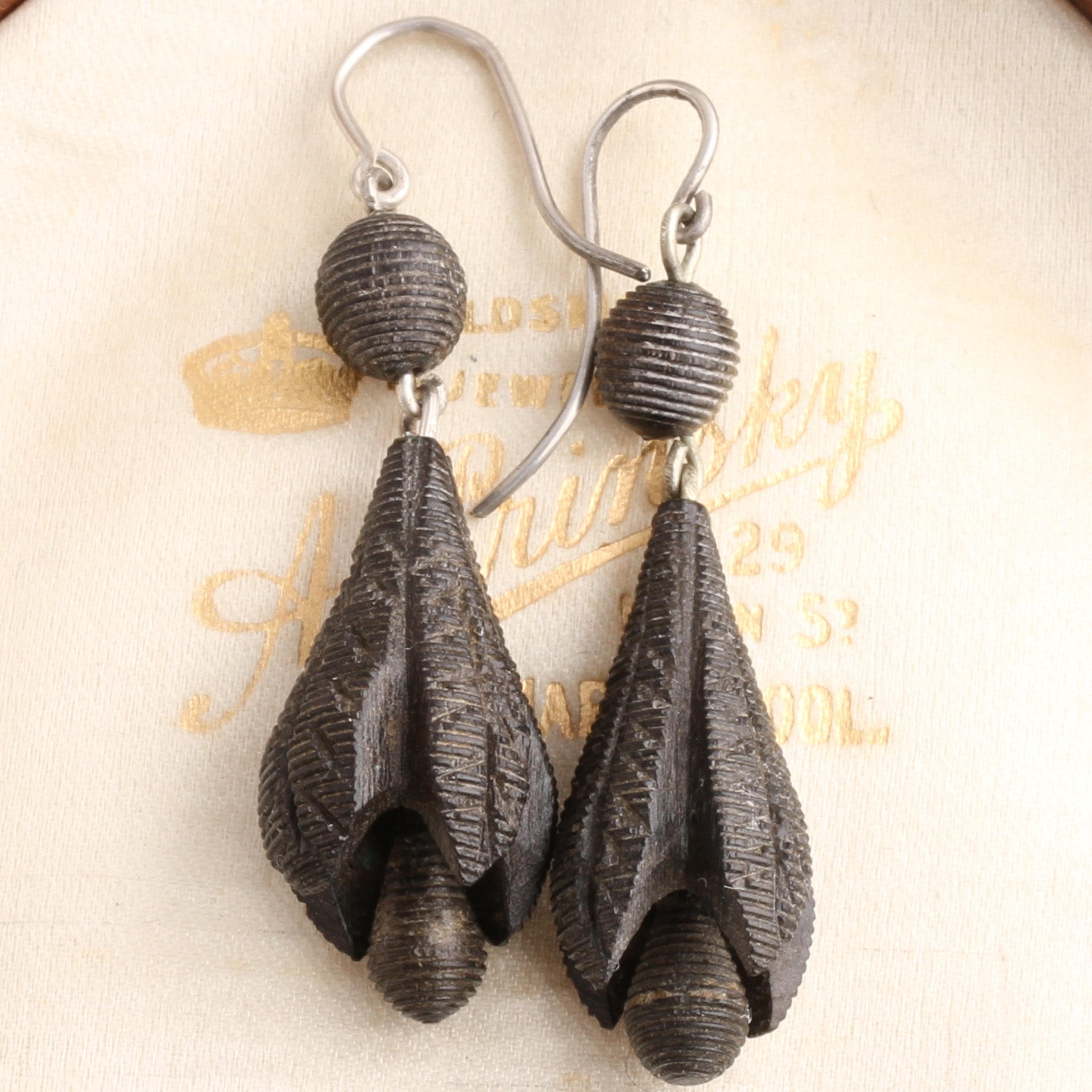 Detail of Victorian Bog Oak Bluebell Earrings