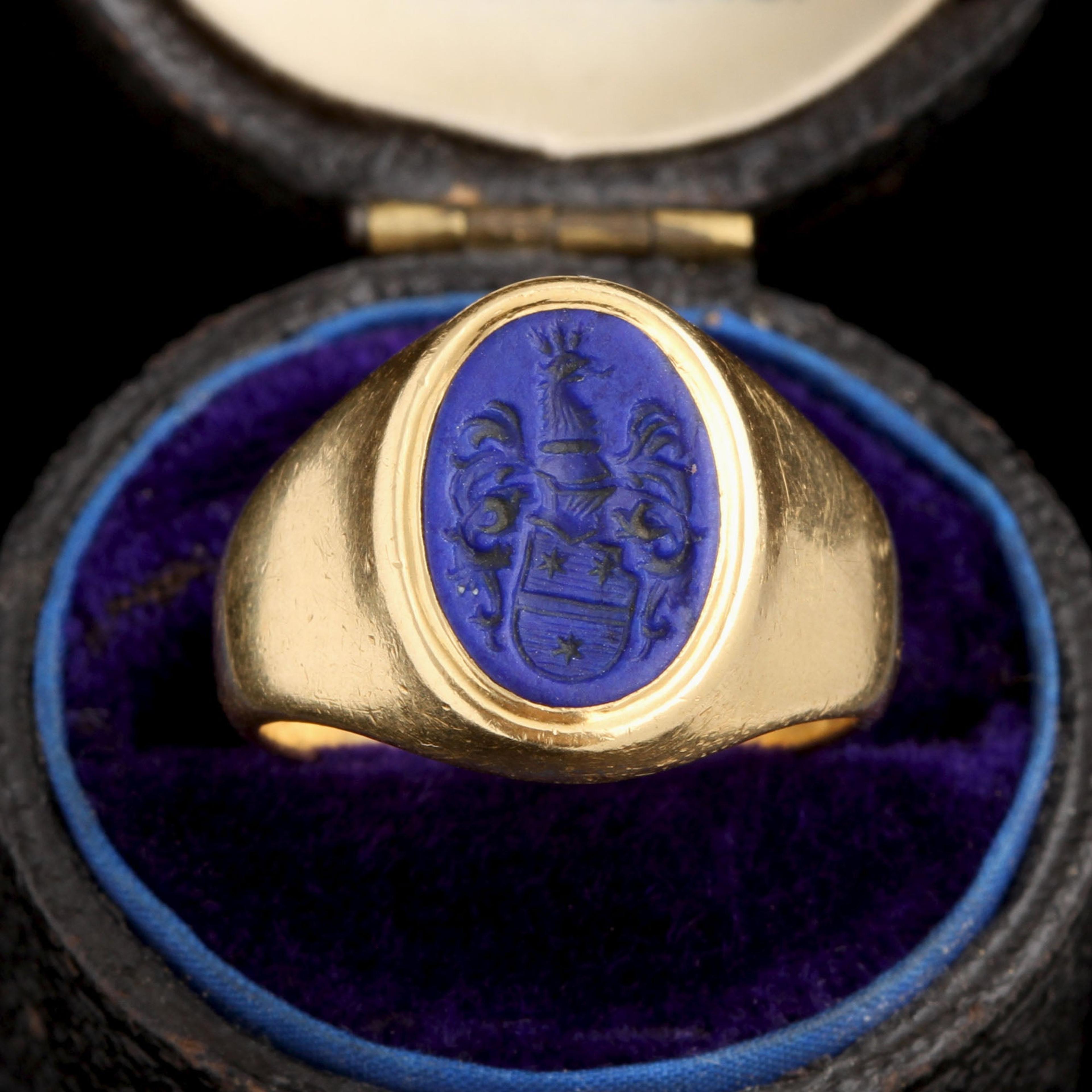 Late 19th Century Phoenix & Stars Lapis Intaglio Ring