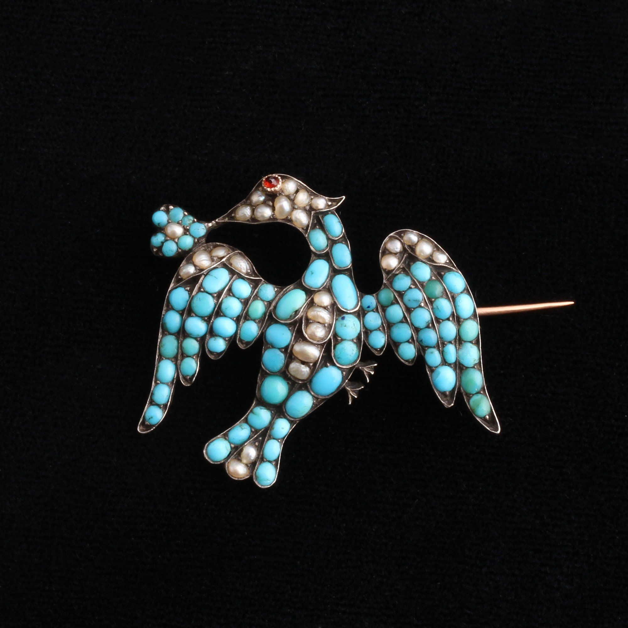 Victorian Turquoise & Pearl Bird Brooch