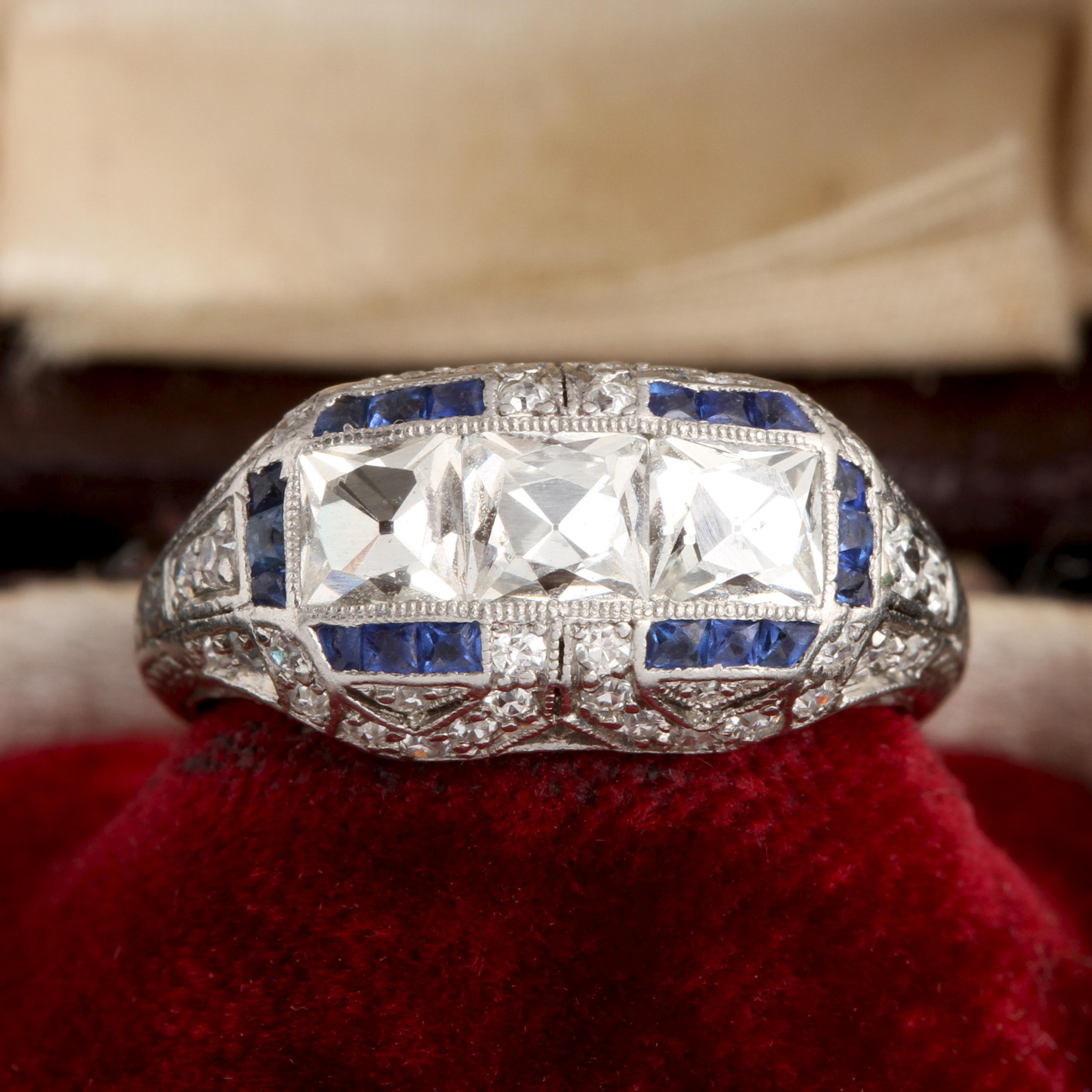 Detail of Art Deco French Cut Diamond Trilogy Ring