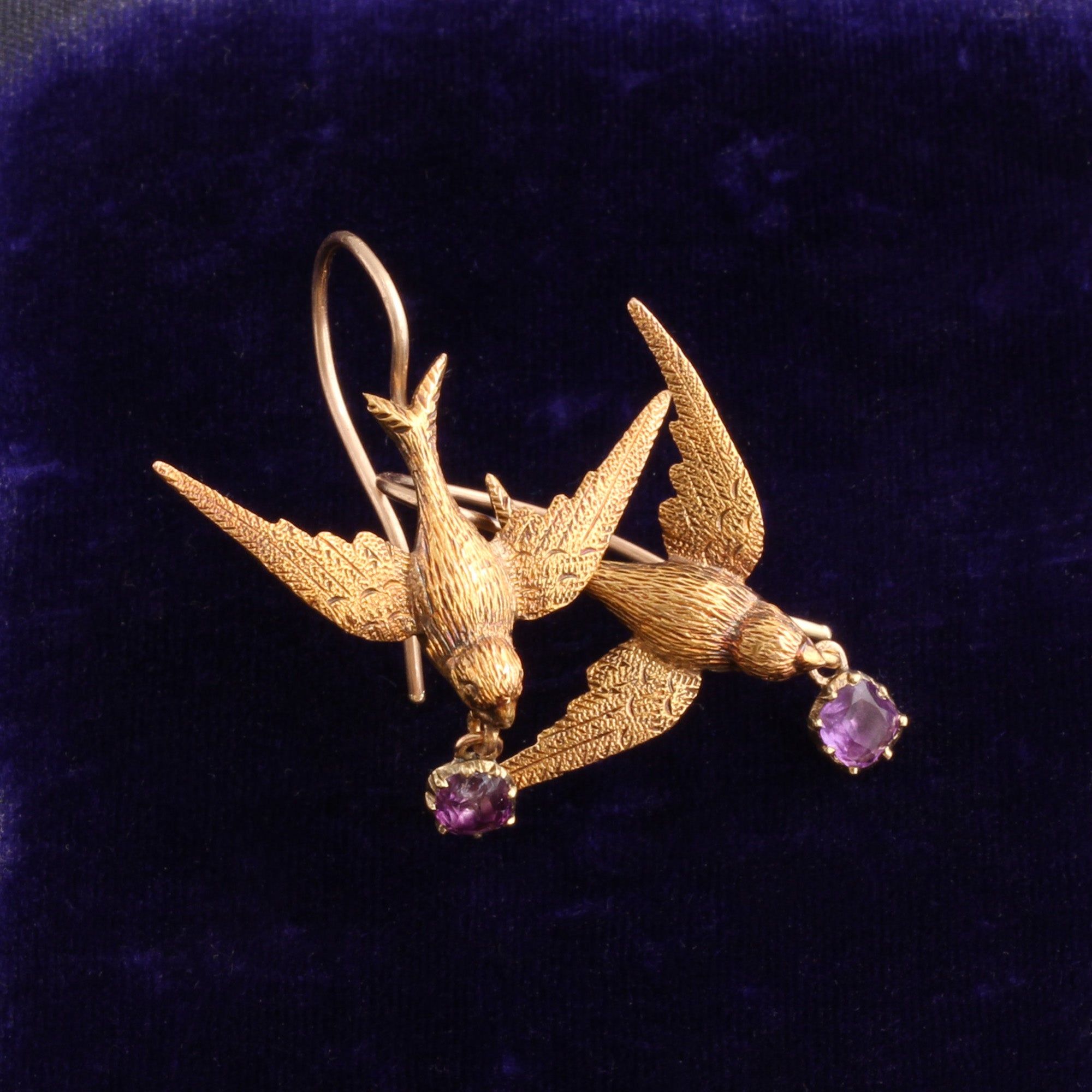 Victorian Swallow Earrings with Pendant Amethysts