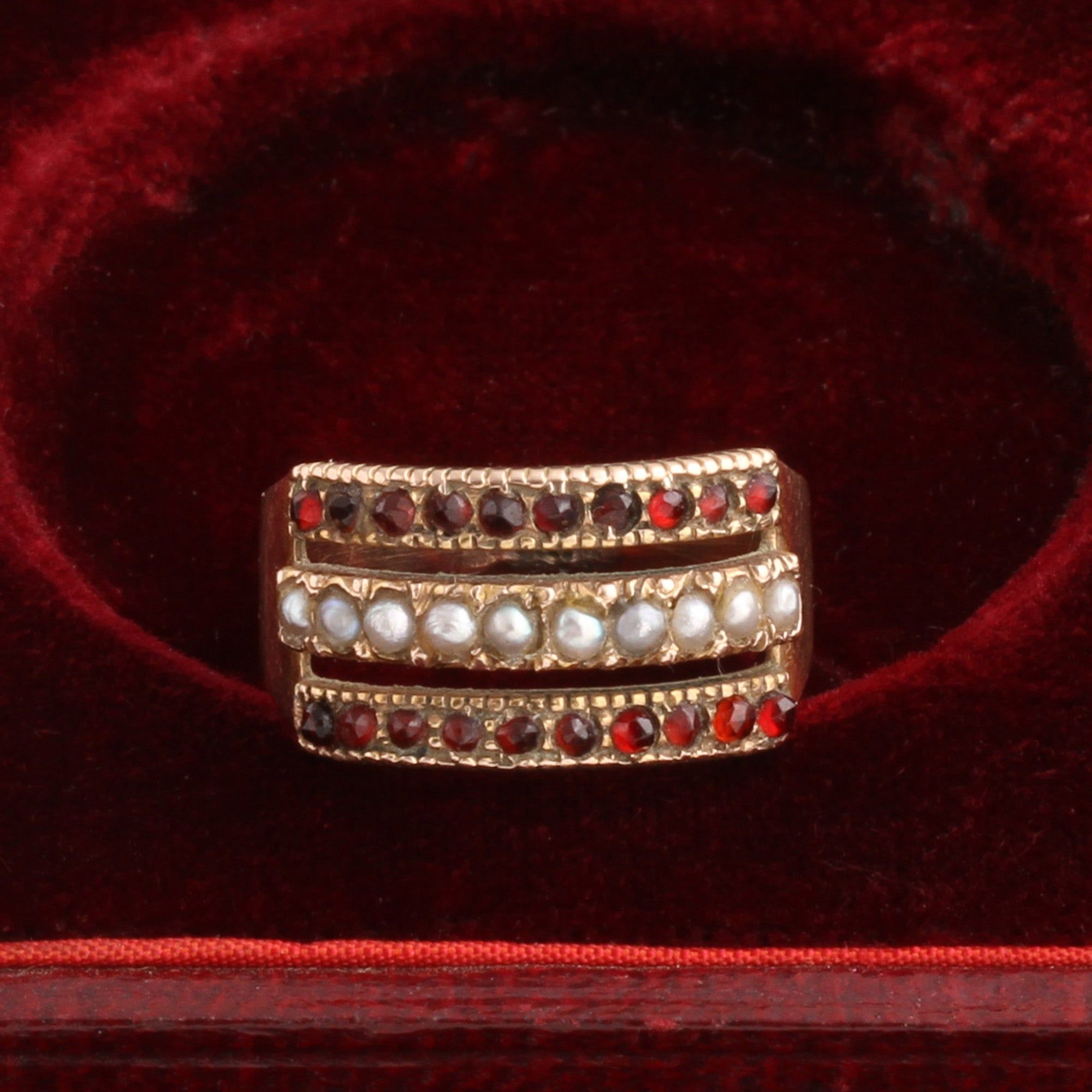 Victorian Garnet & Pearl Triple Row Ring
