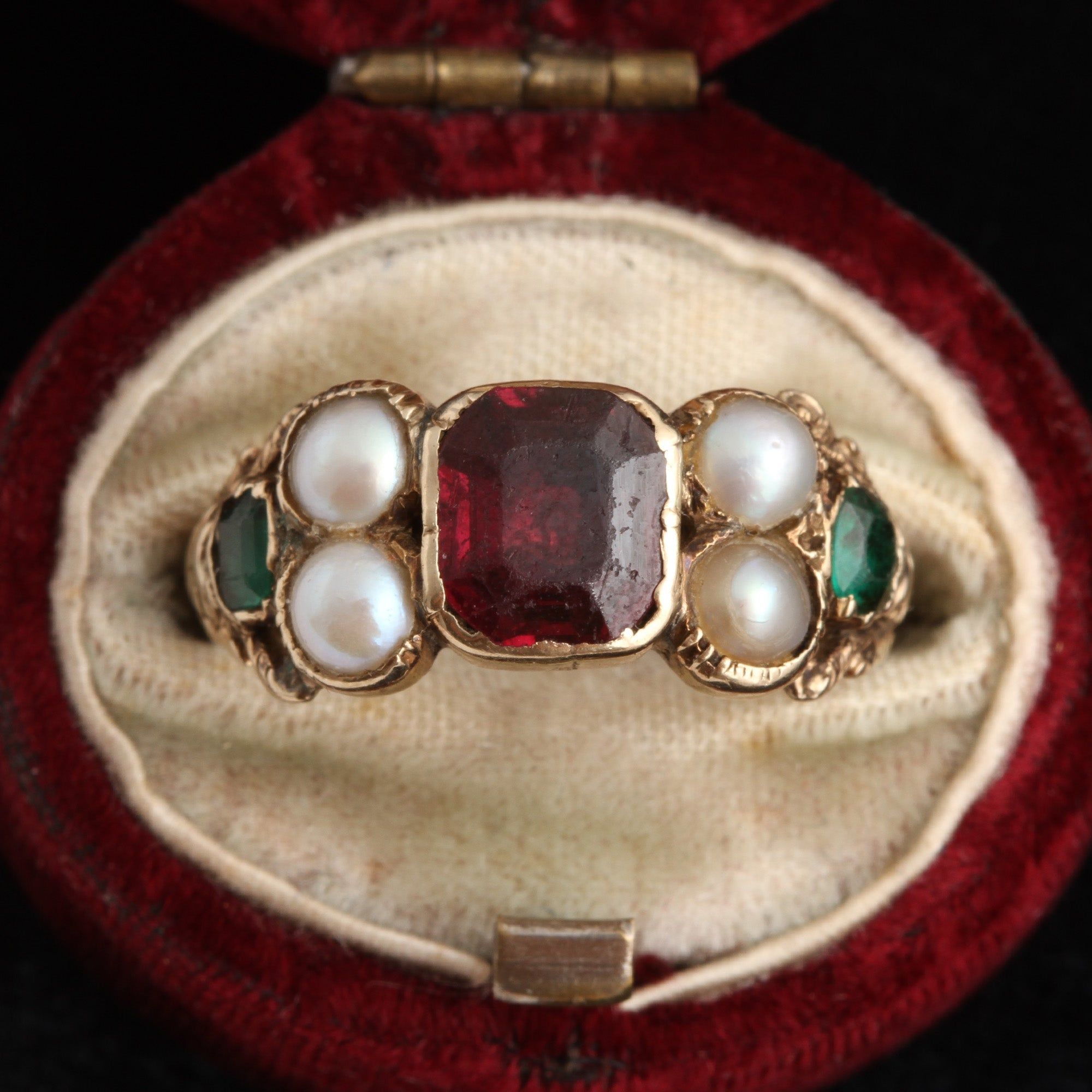 Early Victorian Garnet, Emerald & Pearl Ring
