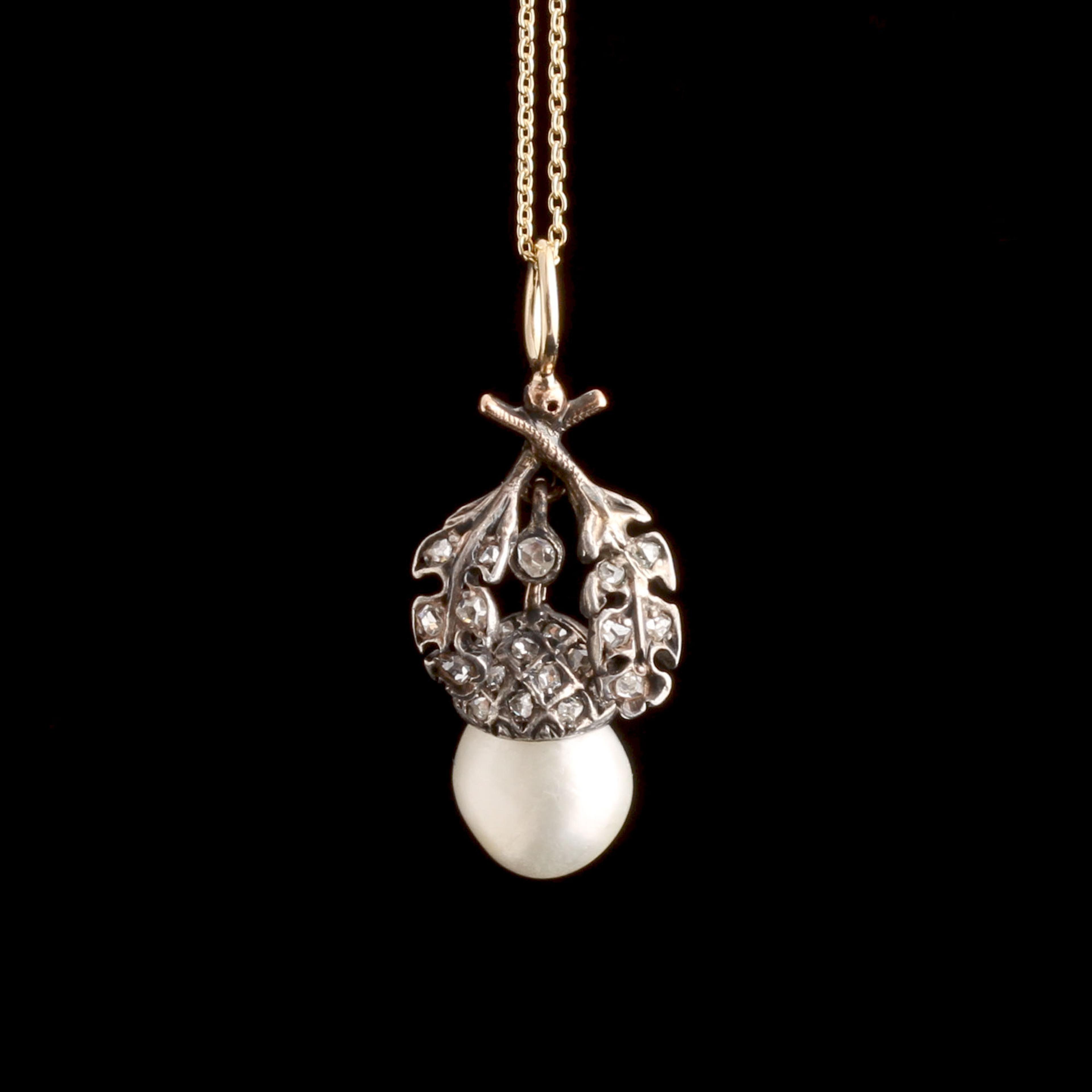 Victorian Diamond & Pearl En Tremblant Acorn Necklace