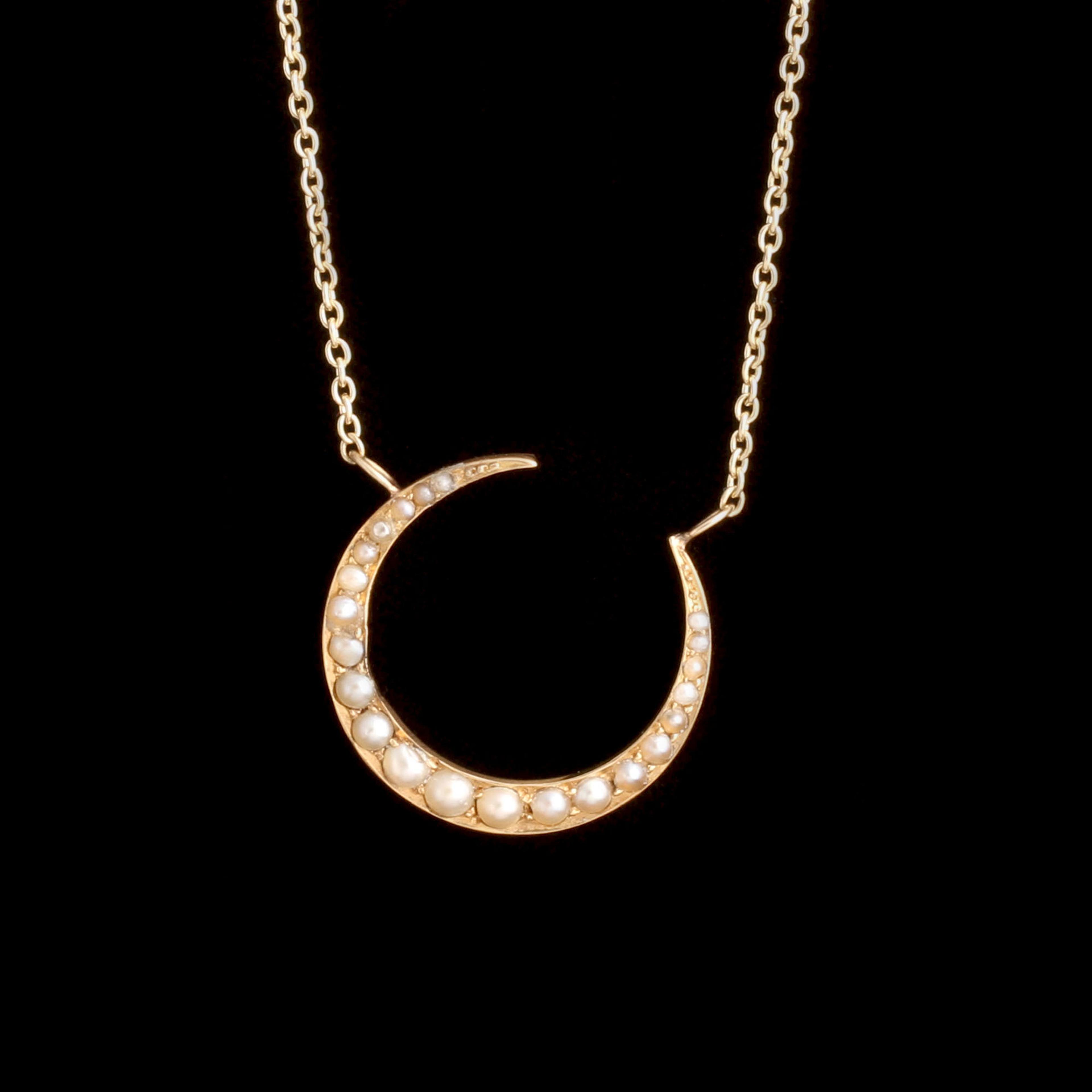 Victorian Seed Pearl Crescent Moon Necklace