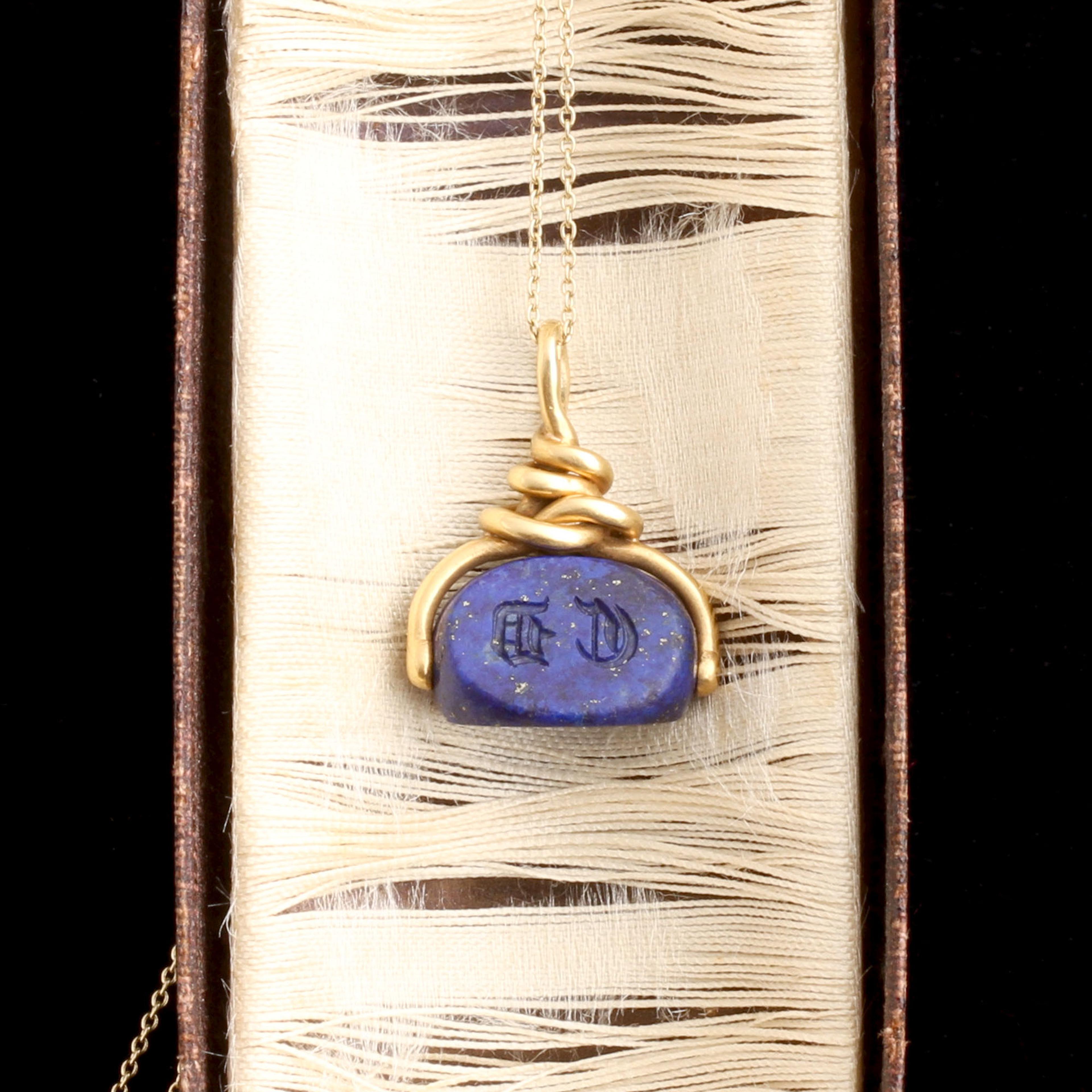 Mid 19th Century French Lapis "CD" Spinner Seal Necklace