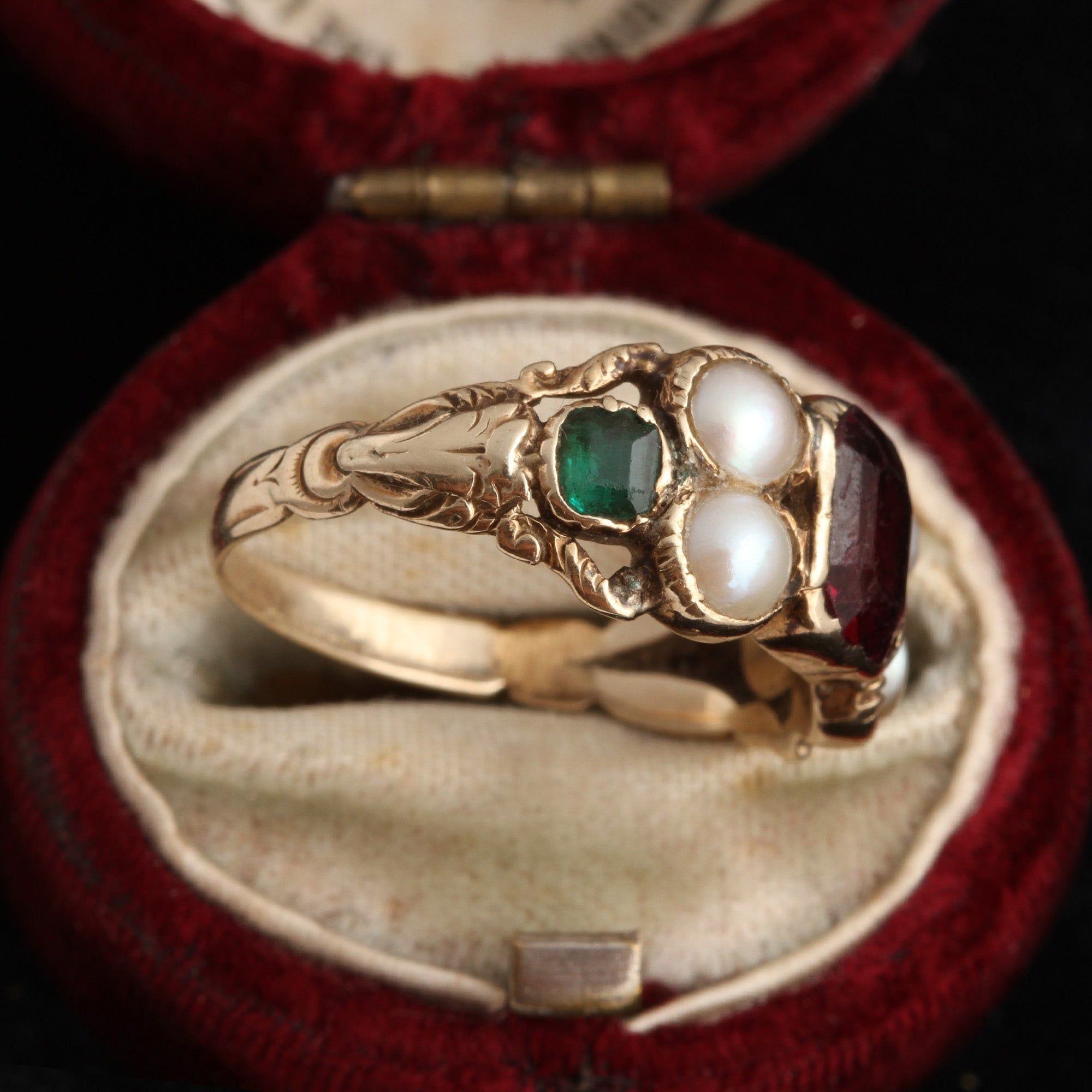 Early Victorian Garnet, Emerald & Pearl Ring