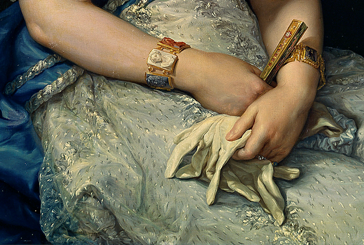 Cameo bracelets on wrists of Maria Antonia who was the youngest daughter of Ferdinand, King of Naples and Sicily. detail from Antonio Ugarte and his wife, Maria Antonia Larrazábal by Vicente López Portaña, 1833. Museo del Prado 