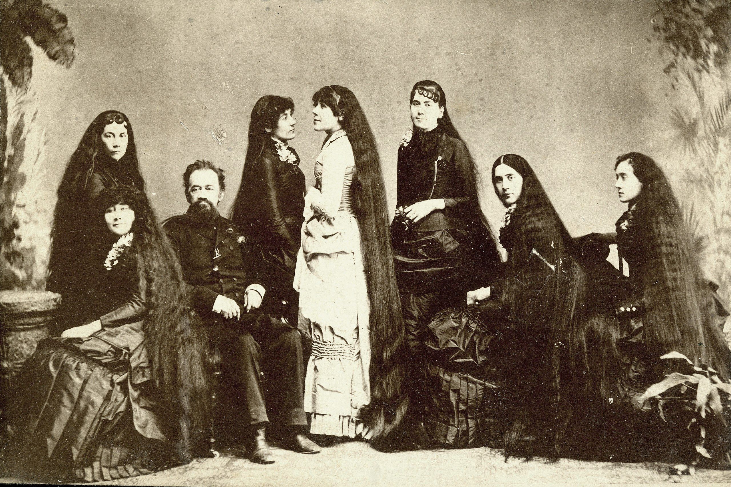 The Seven Sutherland Sisters were a sister act sing group. They performed with Barnum and Bailey's from the early 1880s to the 1900s. Their father capitalized on the public's fascination with their hair by creating a line of hair care products. 