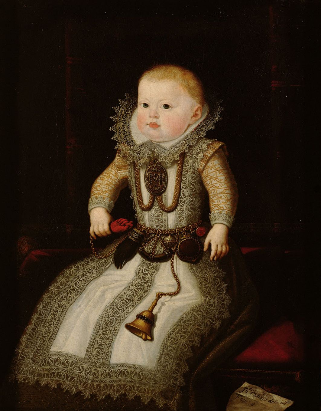 Portrait of the Infant Maria Anna, by Juan Pantoja de la Cruz c. 1607.  She wears nine protective ornaments including a fica, badger's paw, bird's claw, apotropaic bell and pomander. Kunsthistorisches Museum