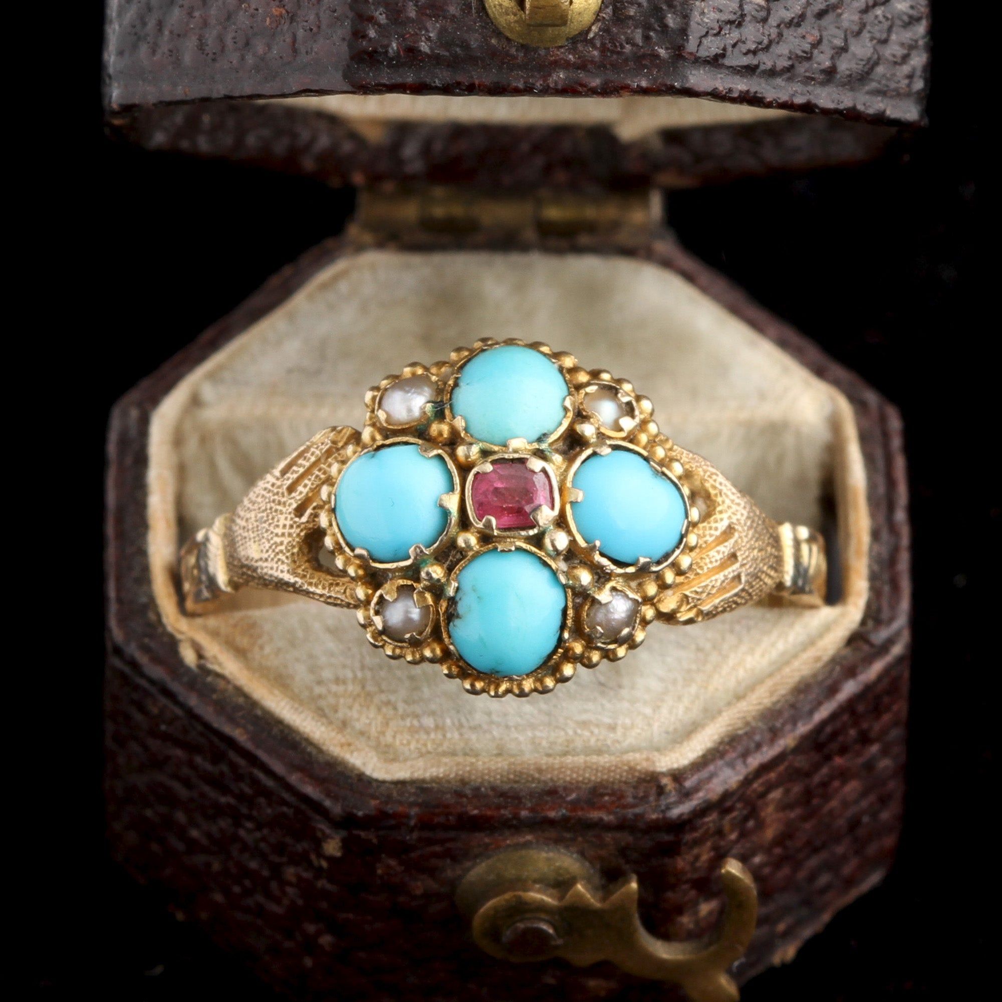 Victorian Turquoise, Pearl & Ruby Hands Ring