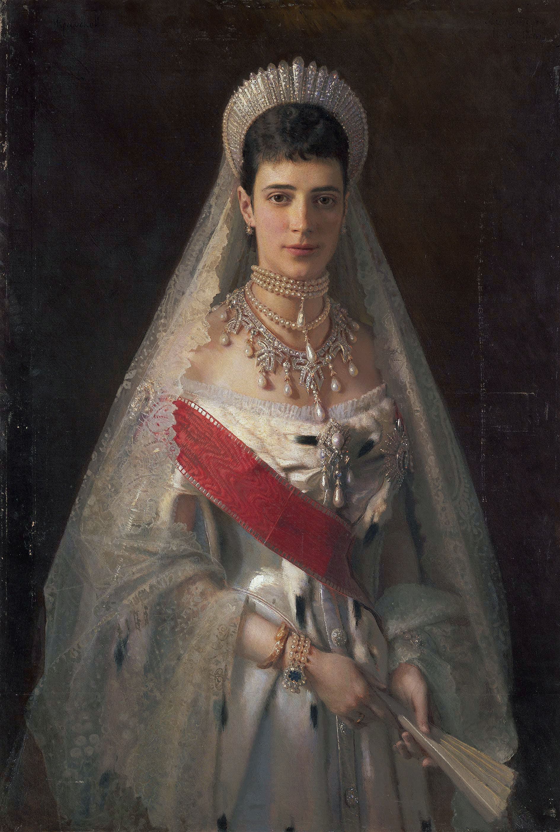 Maria Fyodorovna, born Princess Dagmar of Denmark , wife of Russian tsar Alexander III and mother of Tsar Nicholas II. Her sister married Queen Victoria’s oldest son, Albert Edward. By Ivan Kramskoi, 1881.
