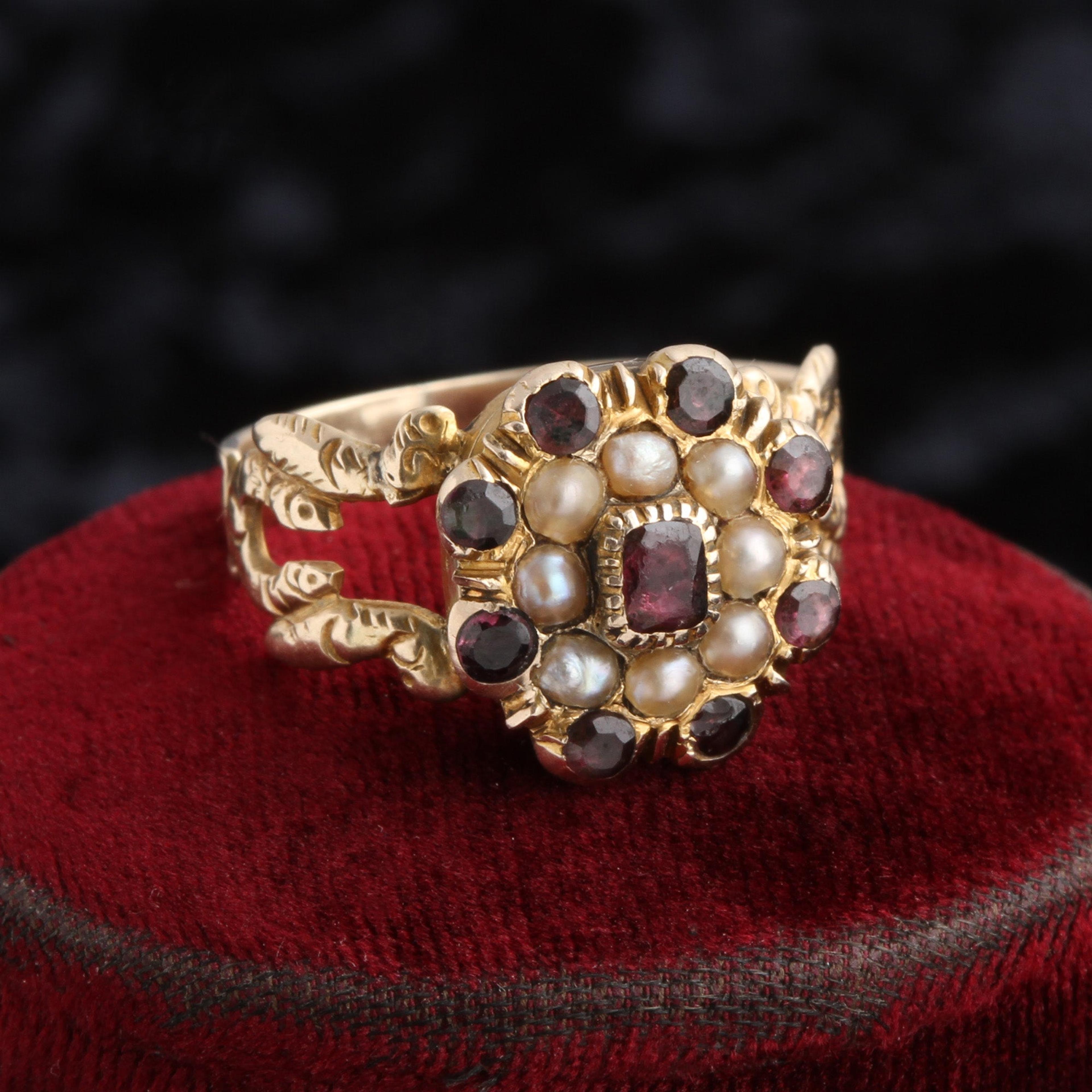 Detail of Georgian Garnet & Pearl Vinaigrette Ring