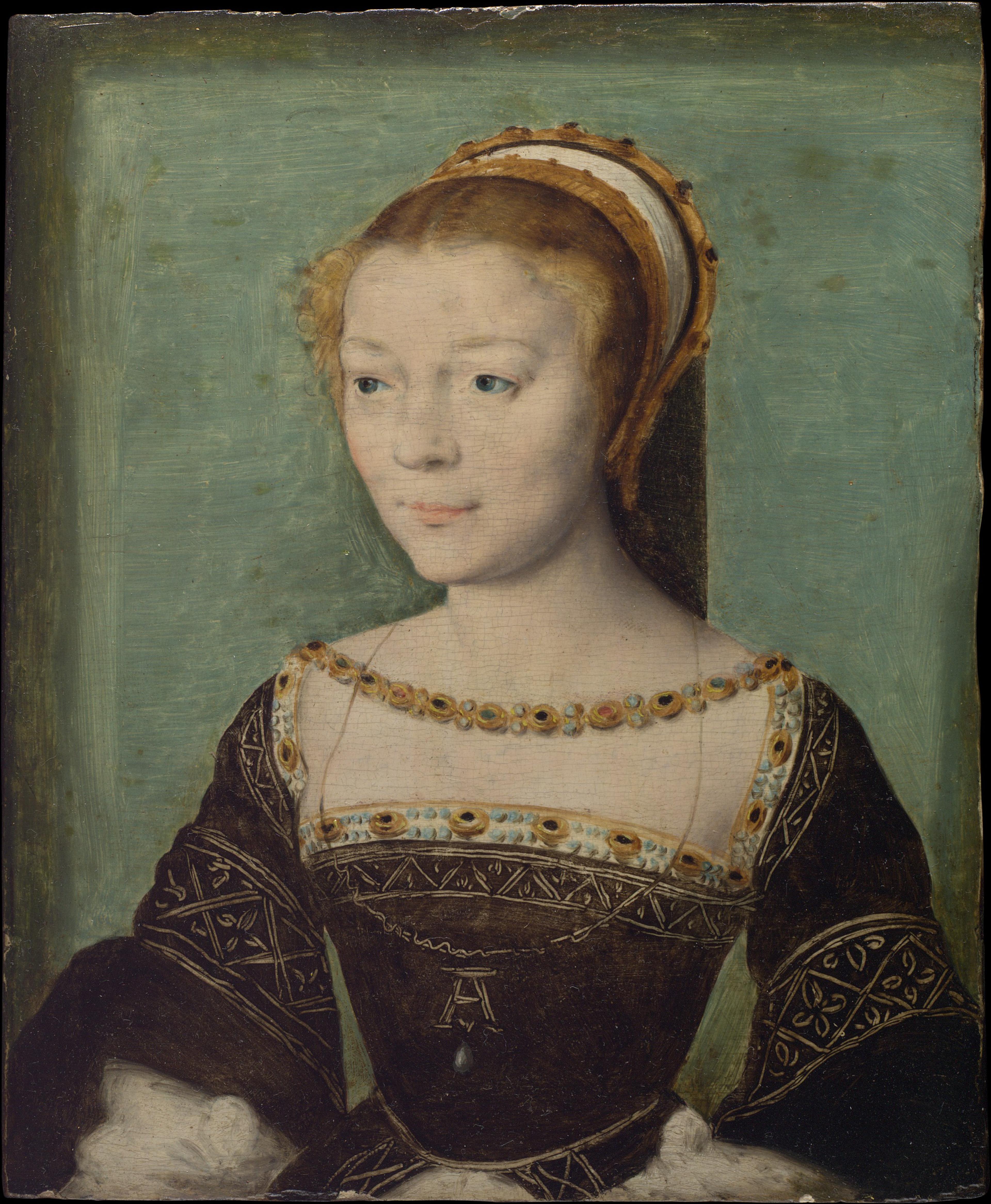 Anne, mistress of Francis I, wearing an initial ‘A’ pendant with a pearl drop. Anne de Pisseleu, Duchesse d’Etampes attributed to Corneille de Lyon, c. 1535-40.