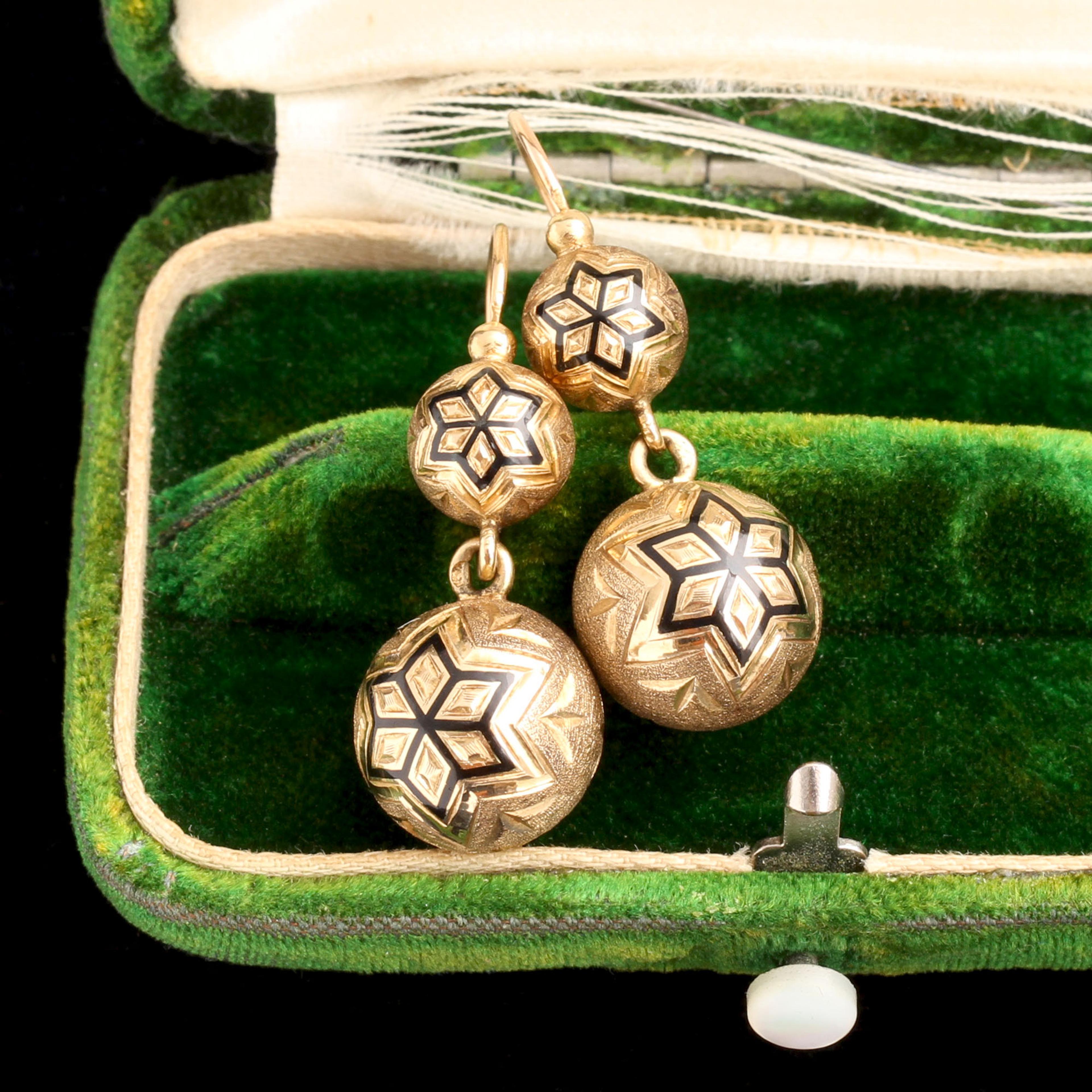 19th Century French Enamel Tracery Orb Drop Earrings