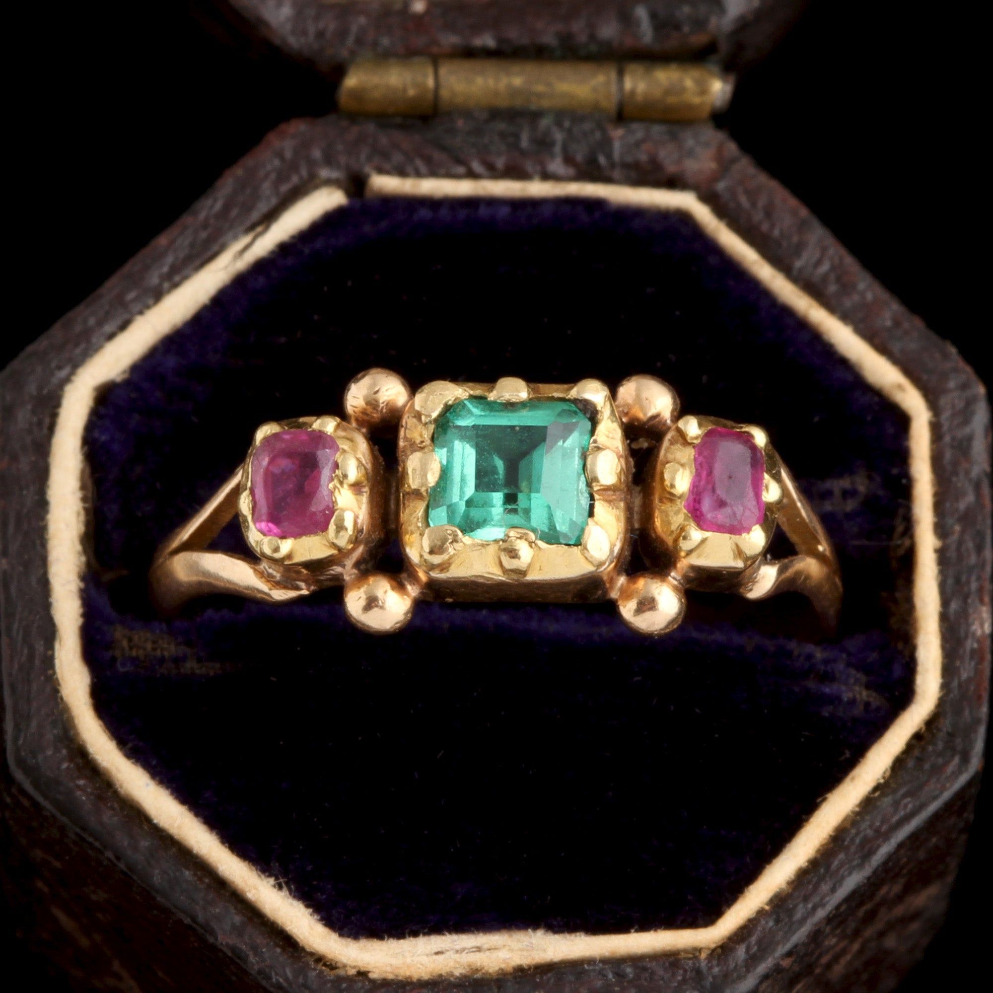 Early Victorian Emerald & Ruby Three Stone Ring