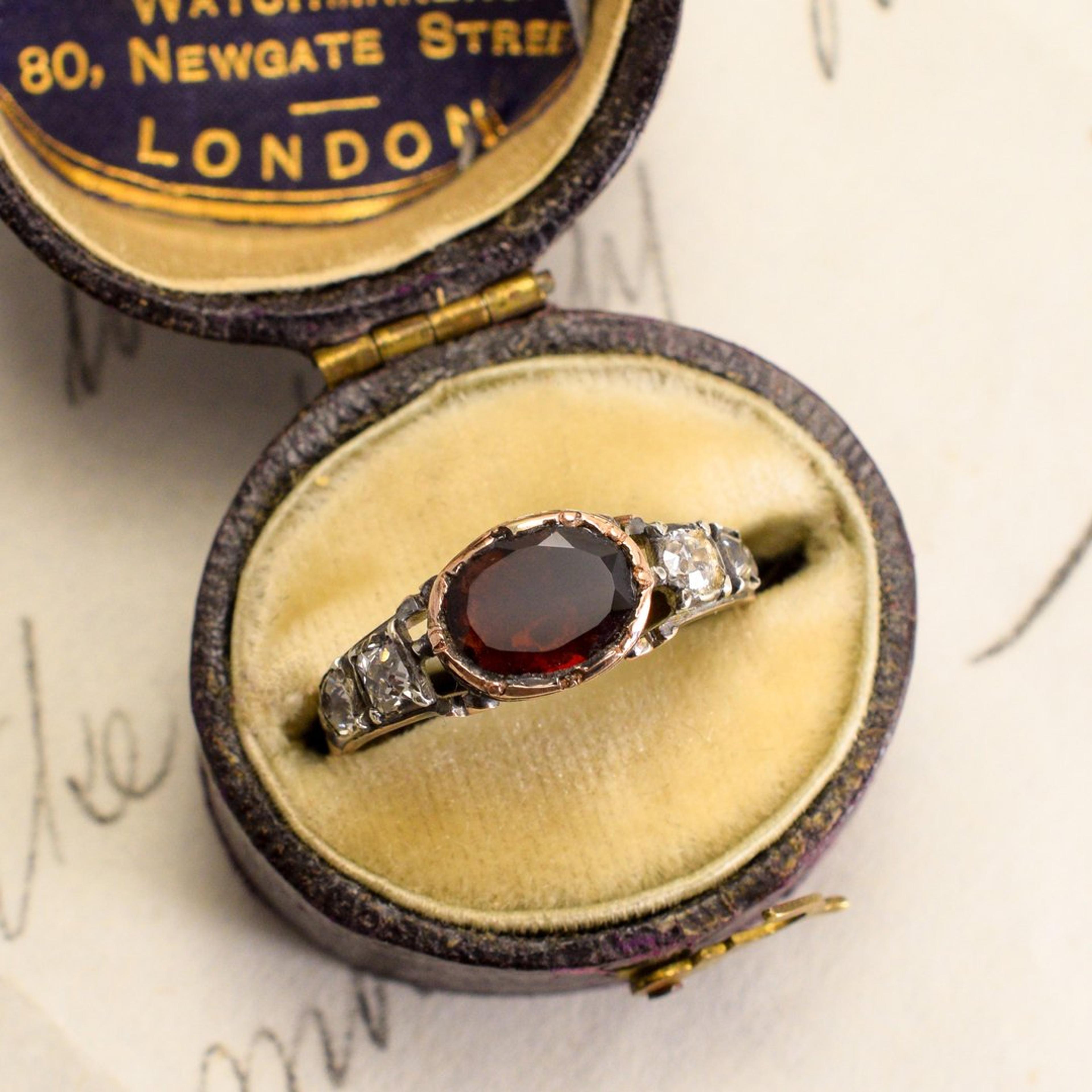 Detail of Georgian Garnet and Old Mine Cut Diamond Ring