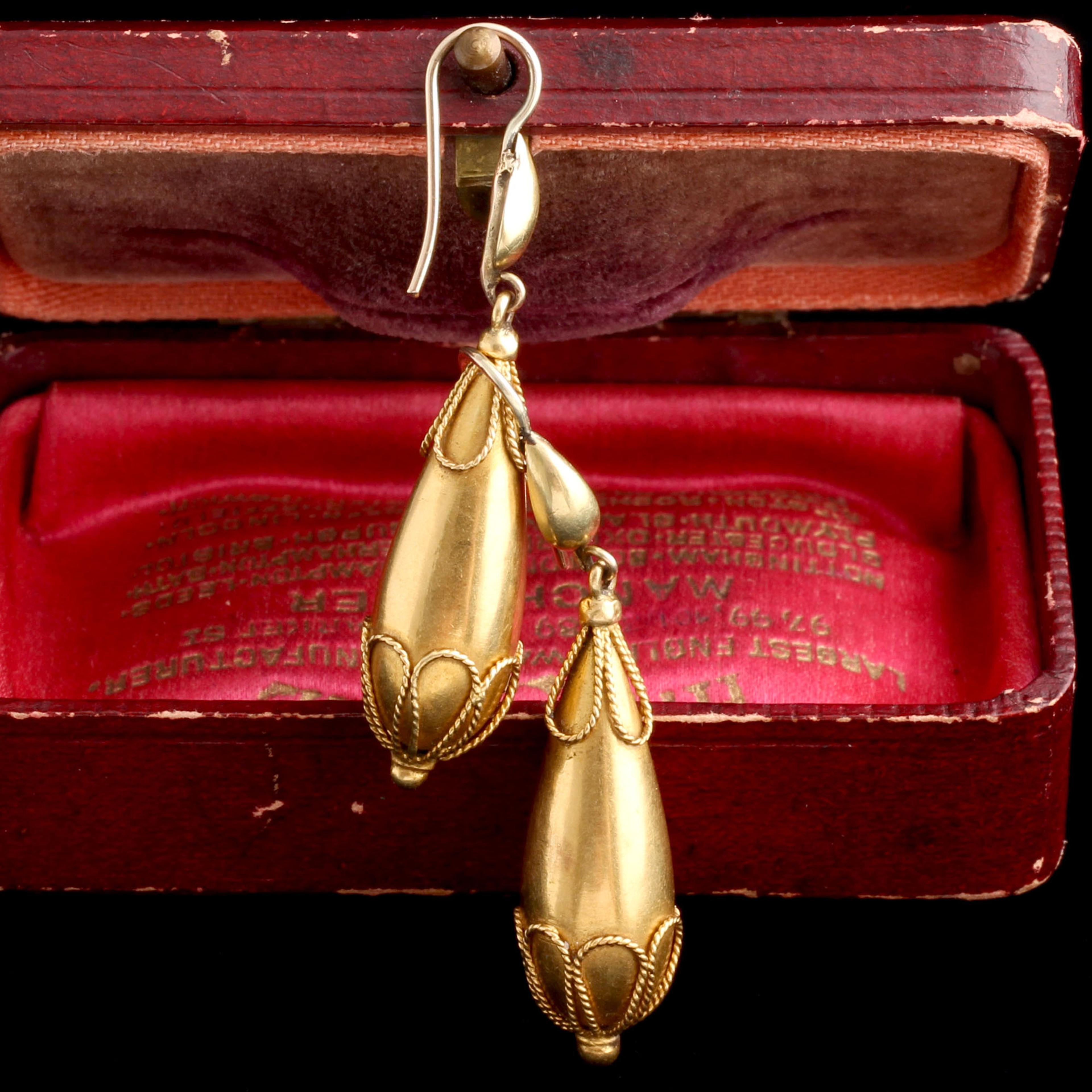 Victorian Etruscan Revival Torpedo Drop Earrings