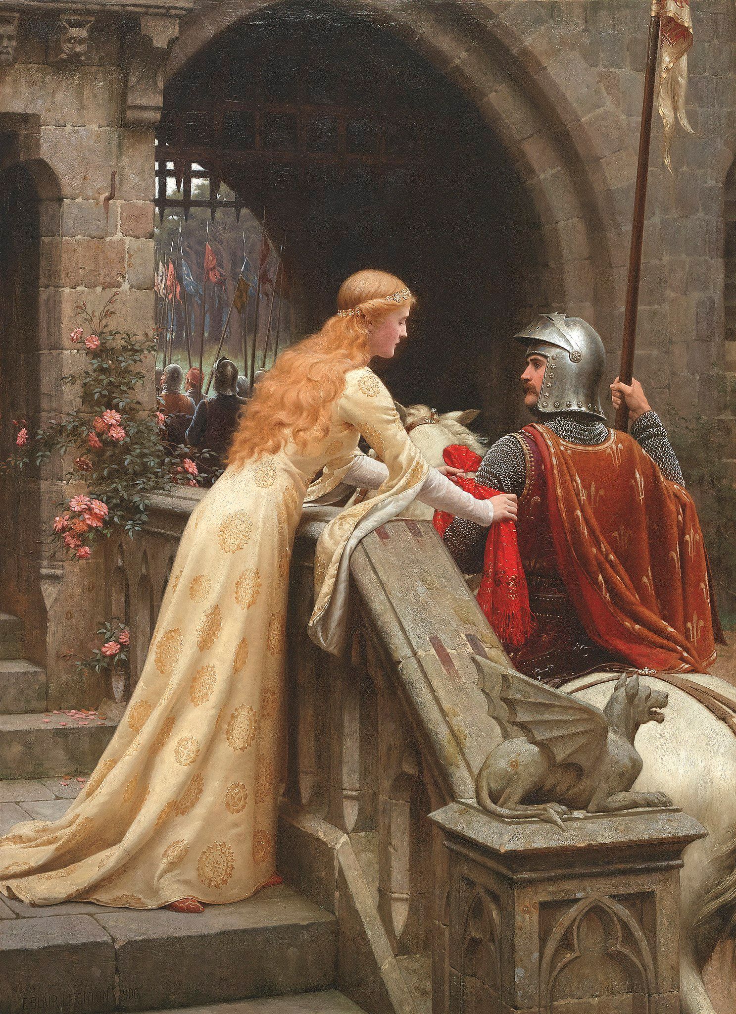 Courtly love in medieval Europe a virtuous love that emphasized nobility and chivalry. God Speed by Edmund Leighton, 1900. Wikimedia Commons.